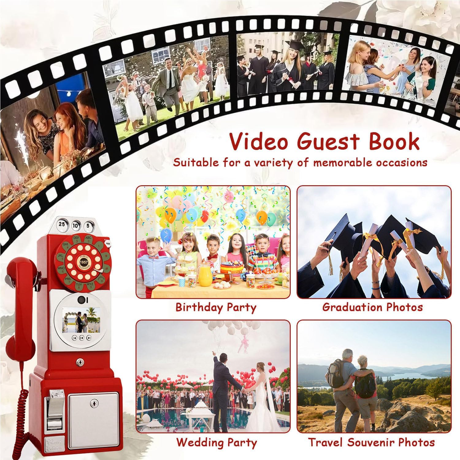 Audio Guest Book Wedding Phone, 1080P HD Video Phone Guestbook, Phone Voice Recorder, Audio Guestbook Phone, Preserve Your Special Occasions White-64GB