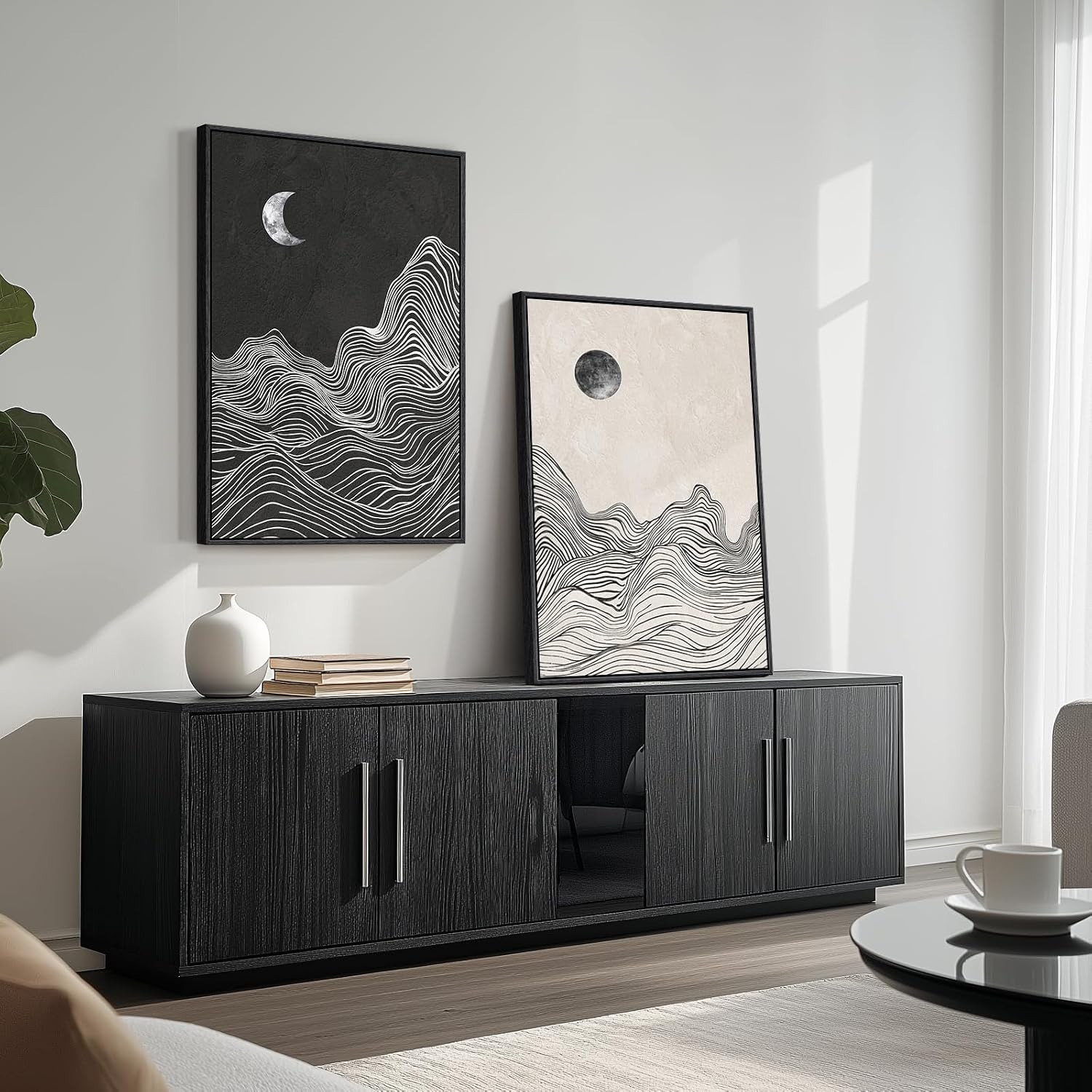Large Framed Black and White Abstract Wall Art for Living Room, Set of 2 Modern Canvas Prints Paintings Artwork for Walls, Abstract Mountain and Moon Pictures for Bedroom Hallway Wall Decor 24x36 In
