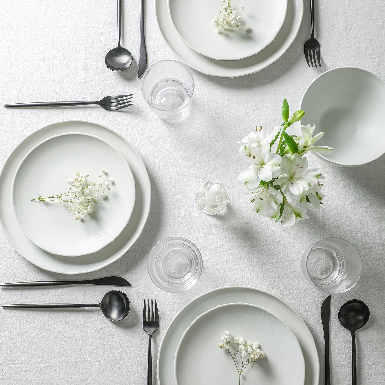 Stone Lain Rio Stoneware 32 Piece Dinnerware Set, Plates and Bowls Sets, Beige Dish Set with Clear Fluted Glasses, Service for 8, Microwave and Dishwasher Safe