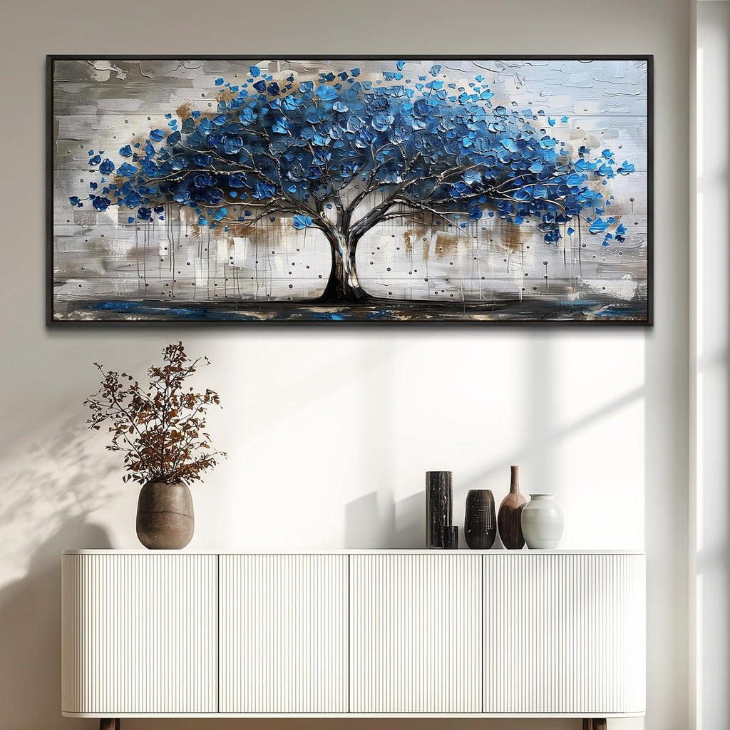 Lapremoly Framed Wall Art For Living Room Tree of Life Canvas Prints Extra Large Wall Decorations Blue Artwork For Walls Forest Pictures Abstract Paintings for Bedroom Office Modern Home Decor 32X72