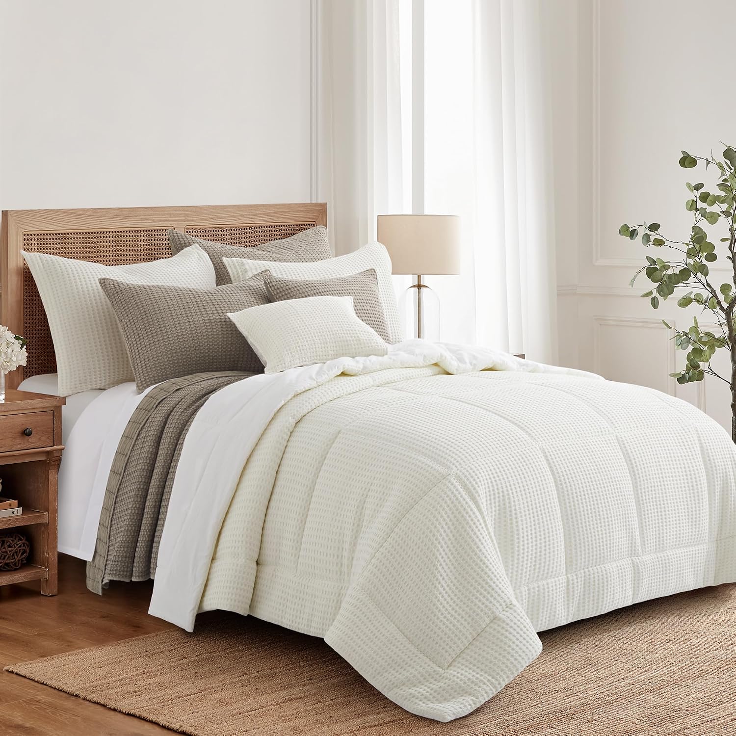 Levtex Home Mills Waffle Full/Queen Comforter Set (90x94in) with 2 Pillow Shams (26x20in) - Cream - 100% Cotton Full/Queen Size Comforter Set - Soft, Pre-Washed