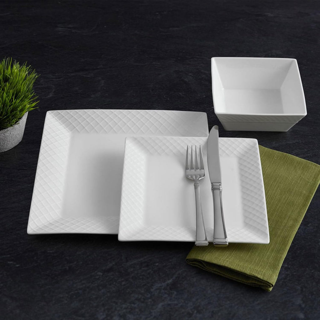 Trellis White Square 16 Piece Dinnerware Set, Service For 4