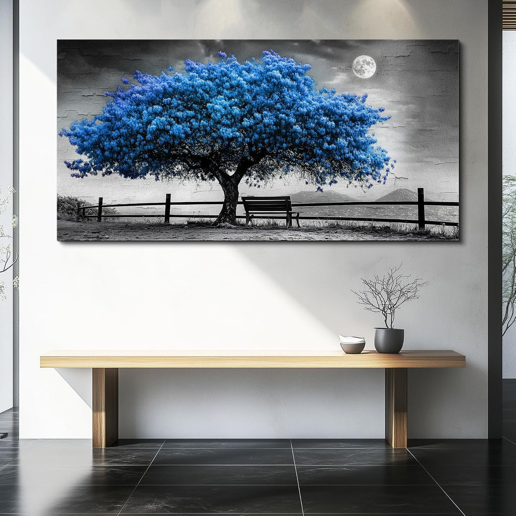 FUHAIHUA Canvas Wall Art For Living Room Large Wall Decor For Office Bedroom Decorations Black And White Landscape Pictures Blue Tree Painting Artwork Room Wall Mural Aesthetic Home Decor 30x60 In