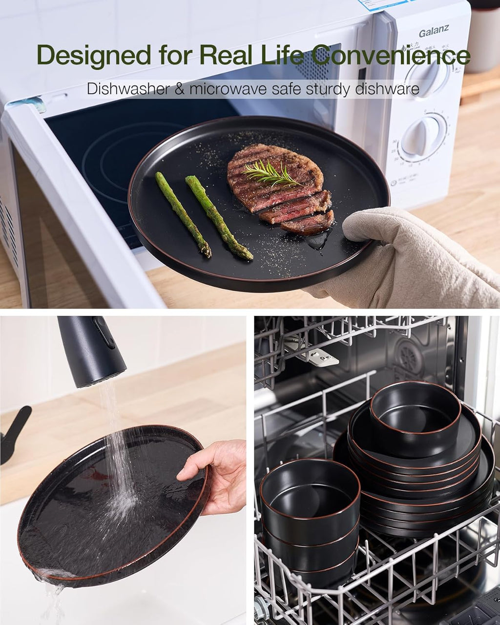 Famiware Nebula Ridge Stoneware Dinnerware Sets with Pasta Bowls, Plates and Bowls Sets, Service for 6 (24 Pieces), Microwave and Dishwasher Safe Kitchen Plates, Matte Black