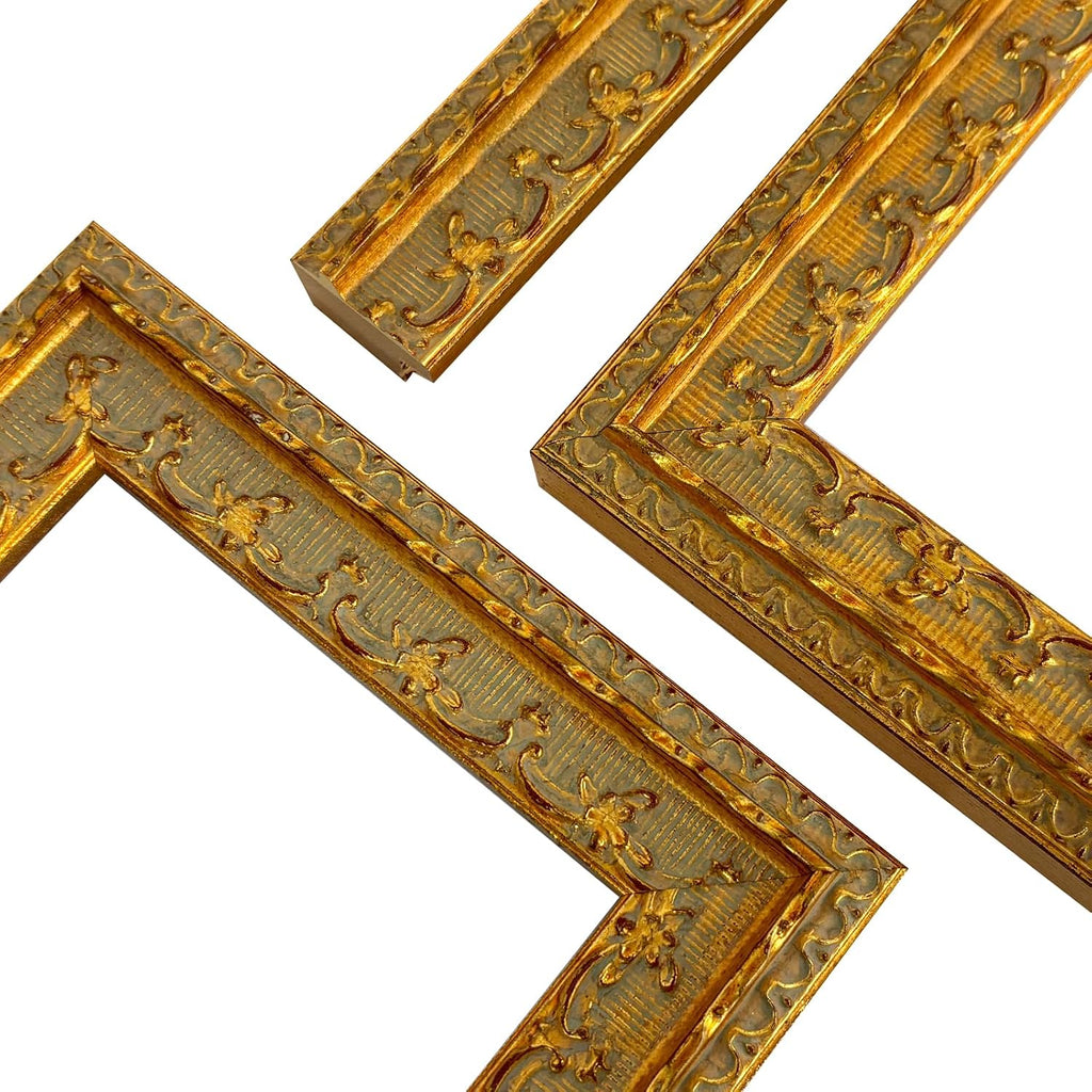 Rimbol Antique Gold Solid Wood Picture Frame - Hand Carved Distressed Finish with Gorgeous Floral Pattern, Wide Ribbon Gallery Frame for Canvas Paintings - Wall Decor for Living Room, Bedroom (24x28)