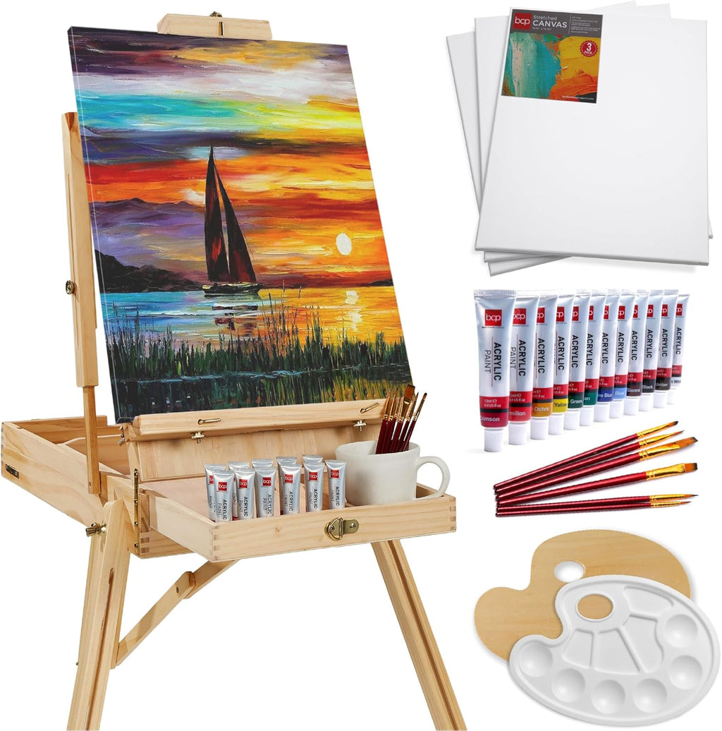 Best Choice Products Art Easel for Painting, Portable Wooden Adjustable Artist Tripod with Sketch Box, 32-Piece Art Set with Acrylic Paints, Brushes, Canvases & Palette - Natural