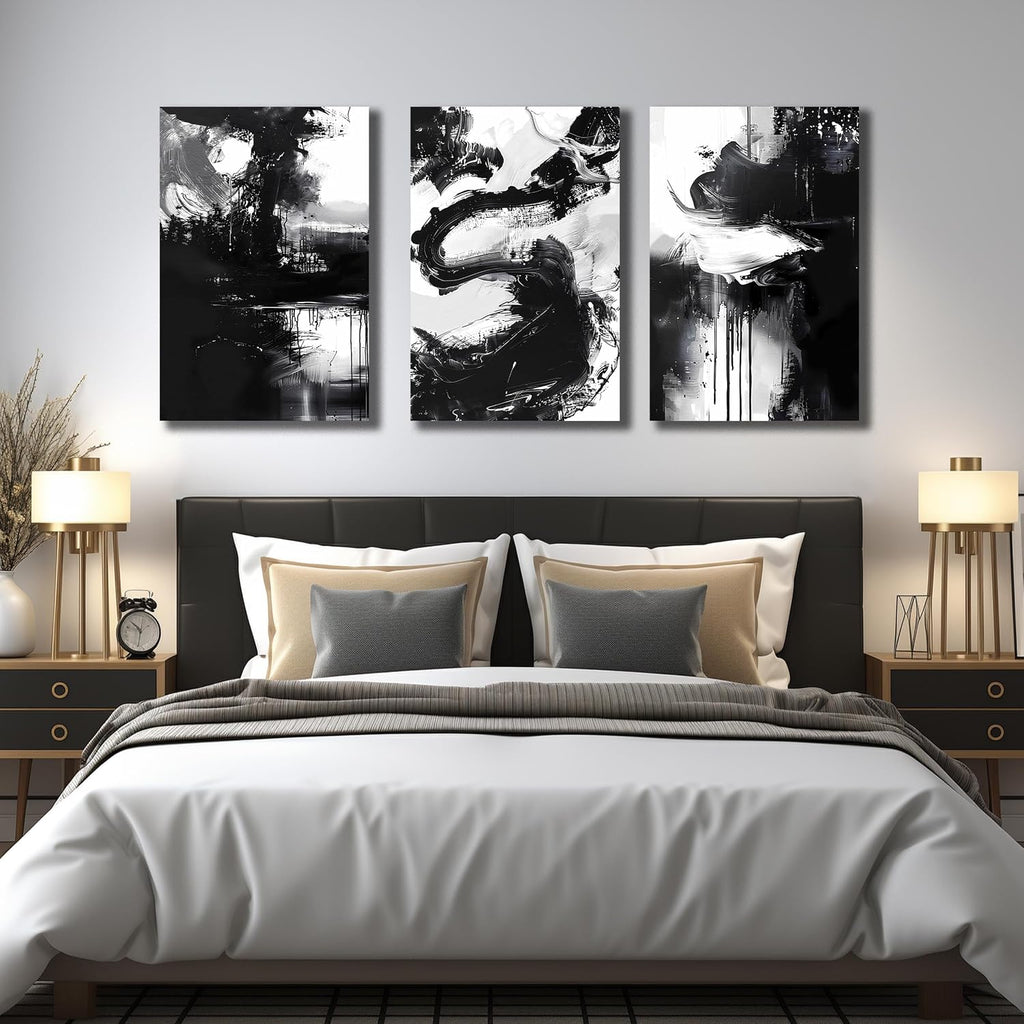 DNIEOTU Abstract Canvas Wall Art for Living Room, Black and White Wall-Decor for Bedroom, Modern Ink - Style Paintings for Hallway Office, Size 24 x 36 Inches 3-Piece