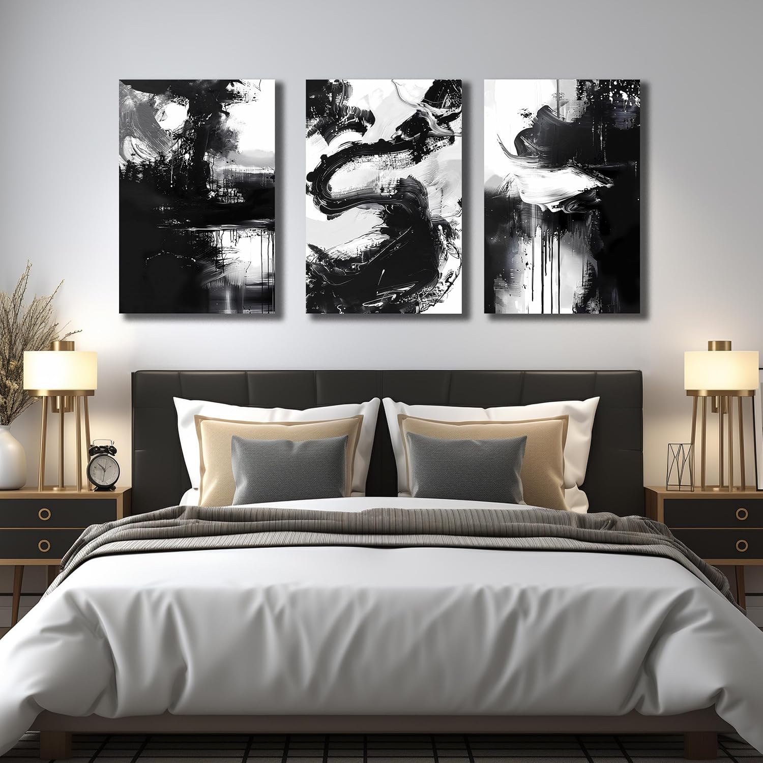 DNIEOTU Abstract Canvas Wall Art for Living Room, Black and White Wall-Decor for Bedroom, Modern Ink - Style Paintings for Hallway Office, Size 24 x 36 Inches 3-Piece