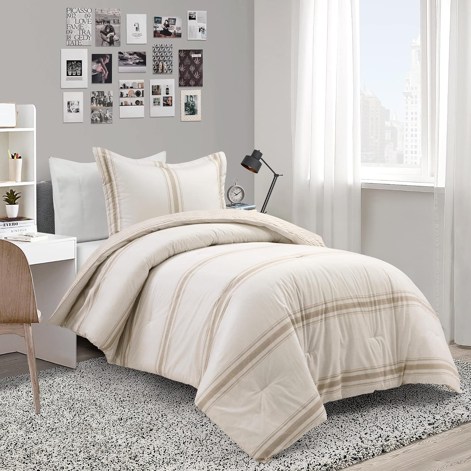 Lush Decor Farmhouse Stripe Reversible Cotton Comforter Set, 2-Piece, Twin XL Neutral - Twin Bedding Set - Dorm Decor - Striped Comforter for Farmhouse Bedroom Decor