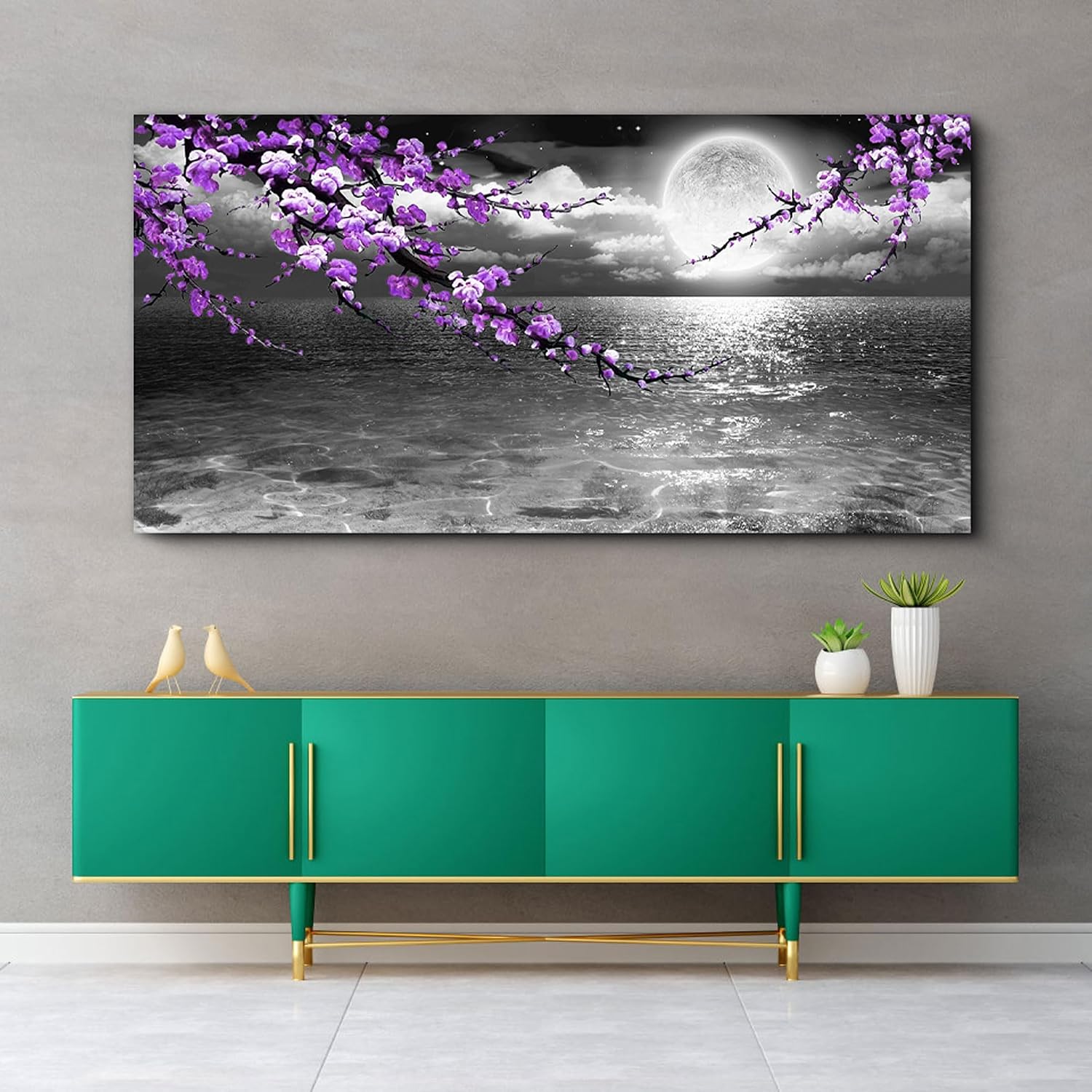 Large Purple Wall Art Decor for Living Room Bedroom Framed Black and White Seascape Full Moon Purple Flower Painting Canvas Picture Modern Hand-Painted Plum Blossom Artwork for Home Office