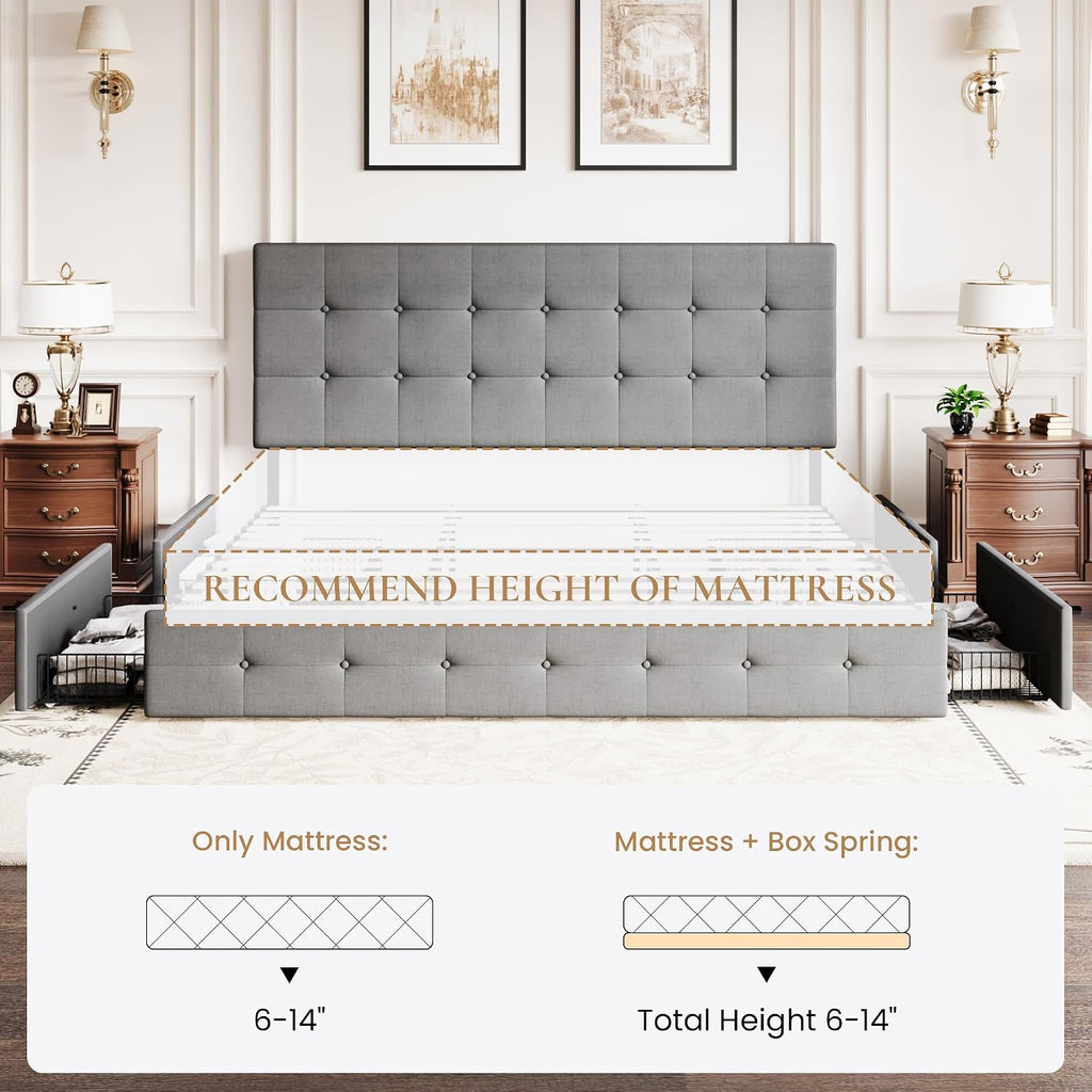 SHA CERLIN Upholstered King Size Platform Bed Frame with 4 Storage Drawers, Adjustable Headboard with Square Stitched Button Tufted Design, Wooden Slat Support, No Box Spring Needed, Light Grey