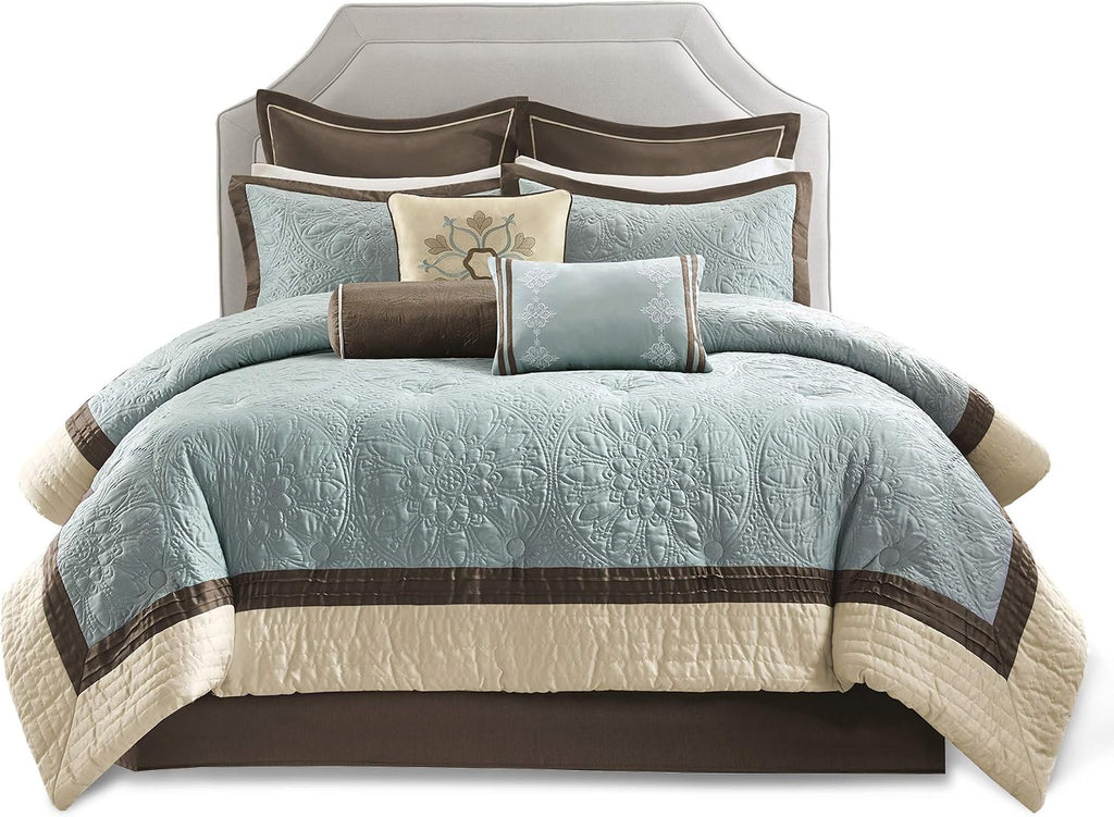 Madison Park Cozy Comforter Set Casual Modern Design All Season, Matching Bed Skirt, Decorative Pillows, Queen(92'x96'), Blue, 9 Piece (MP10-458)