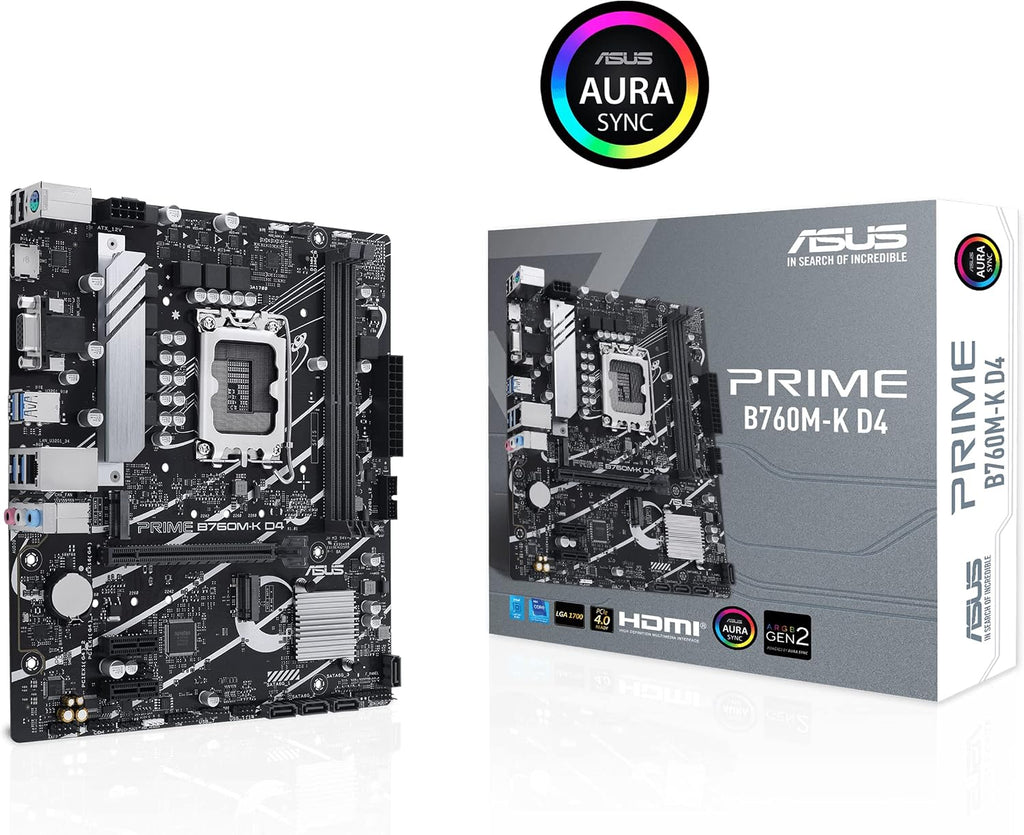 ASUS Prime B760M-K D4 Intel® B760 (LGA 1700)(13th and 12th Gen) mATX Motherboard, PCIe 4.0, Two PCIe 4.0 M.2 Slots, DDR4, Realtek 2.5Gb Ethernet, HDMI®, SATA 6 Gbps, Front USB 3.2 Gen 1, Aura Sync