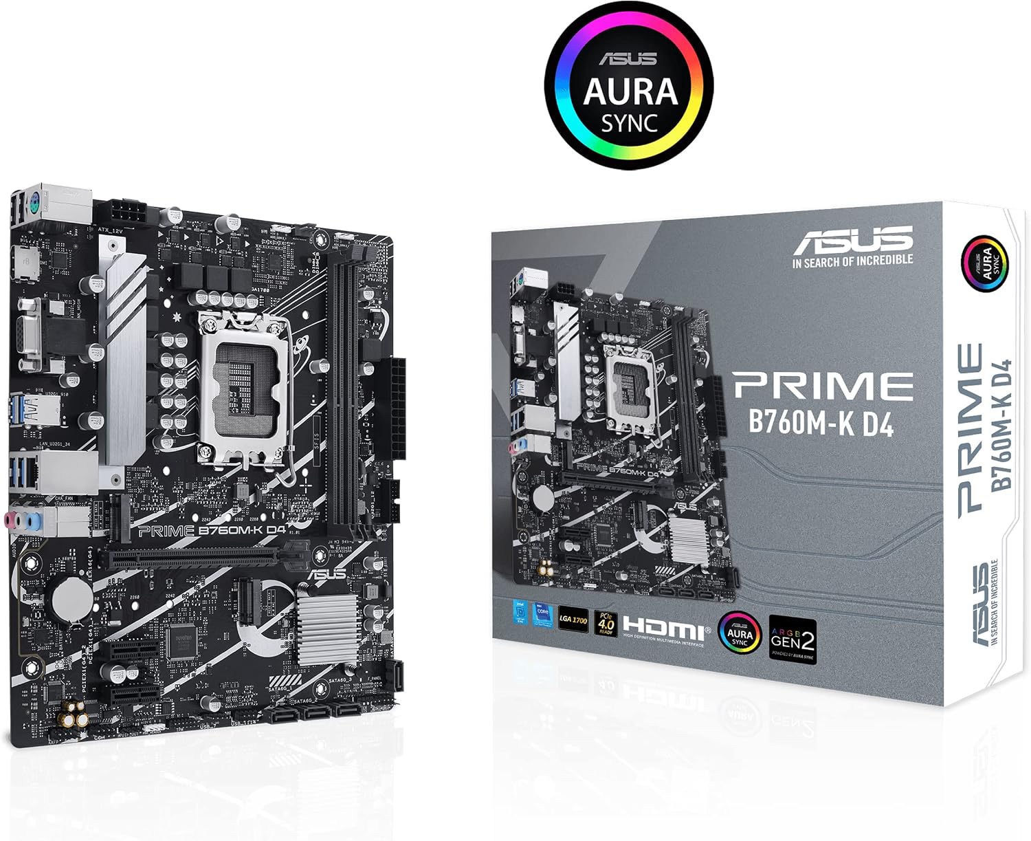 ASUS Prime B760M-K D4 Intel® B760 (LGA 1700)(13th and 12th Gen) mATX Motherboard, PCIe 4.0, Two PCIe 4.0 M.2 Slots, DDR4, Realtek 2.5Gb Ethernet, HDMI®, SATA 6 Gbps, Front USB 3.2 Gen 1, Aura Sync