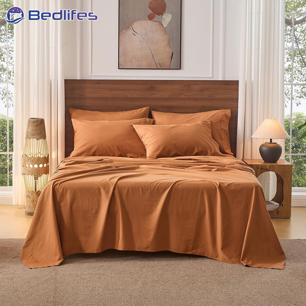 Bedlifes 100% French Pure Linen Sheets Queen Size Breathable and Cooling Flax Sheet Set Soft Durable and Moisture Wicking 16 Inch Deep Pocket-4 Piece(Queen,Brown)