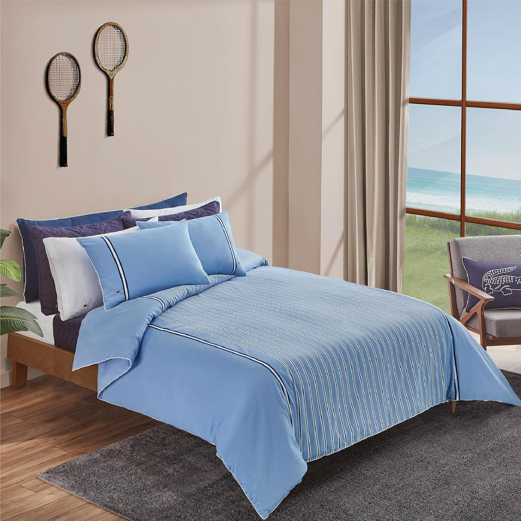 Lacoste Hollis Stripe Comforter Set, 100% Cotton Brushed Twill, Reversible Duvet with Pillow Shams, Soft & Fluffy Hotel-Style Bedding, Blue, King
