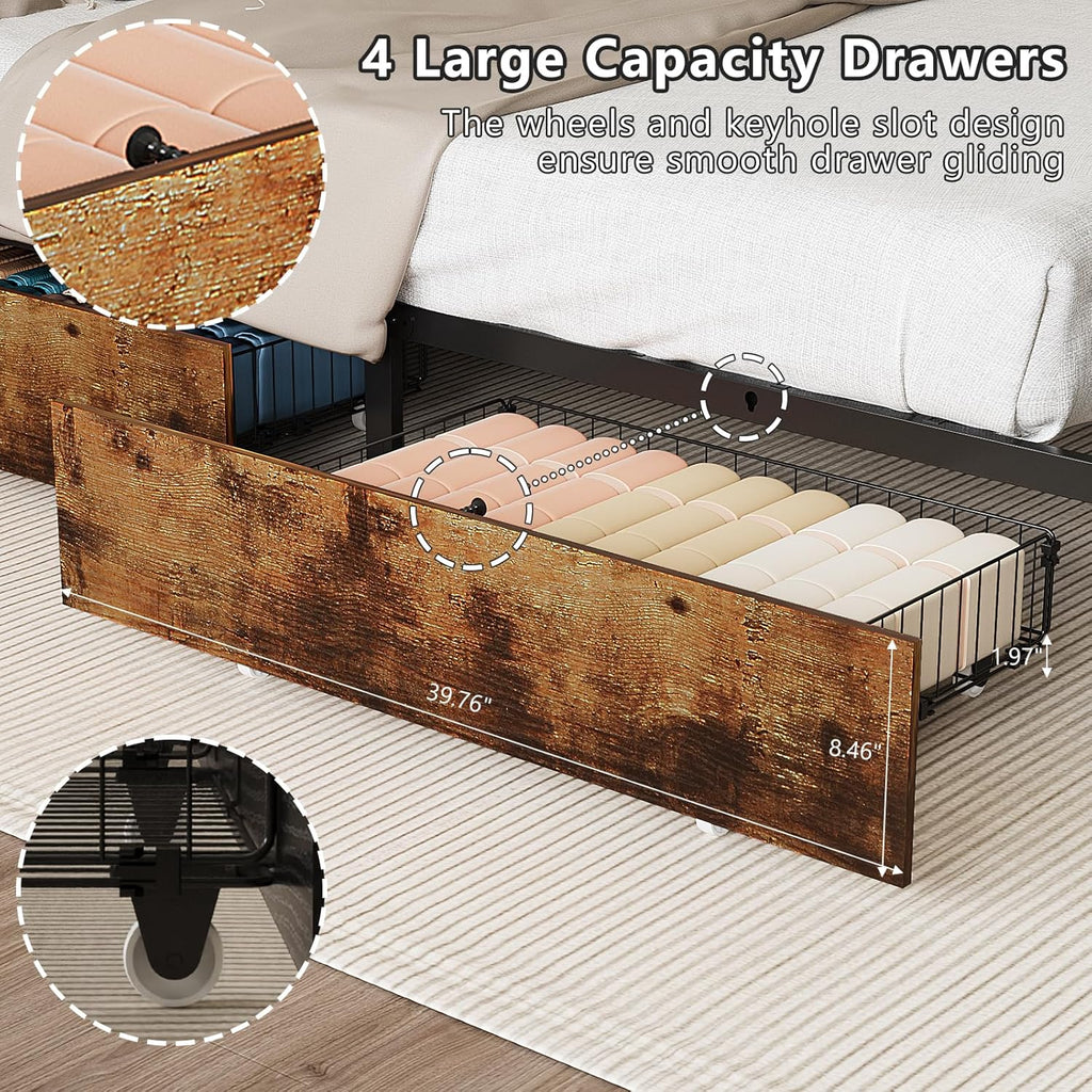 VINGLI King Size Bed Frame with 4 Storage Drawers and LED Headboard Shelves, Metal Platform Bed with Charging Station, No Box Spring Needed, Noise Free, Easy Assembly, Vintage Brown