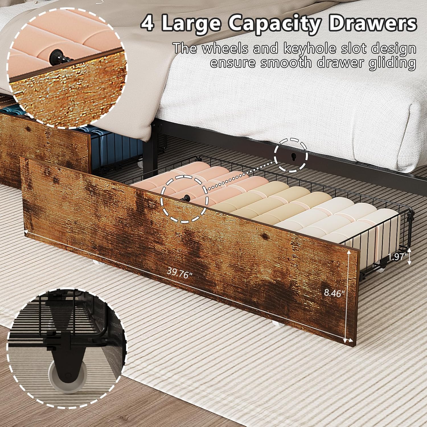 VINGLI King Size Bed Frame with 4 Storage Drawers and LED Headboard Shelves, Metal Platform Bed with Charging Station, No Box Spring Needed, Noise Free, Easy Assembly, Vintage Brown