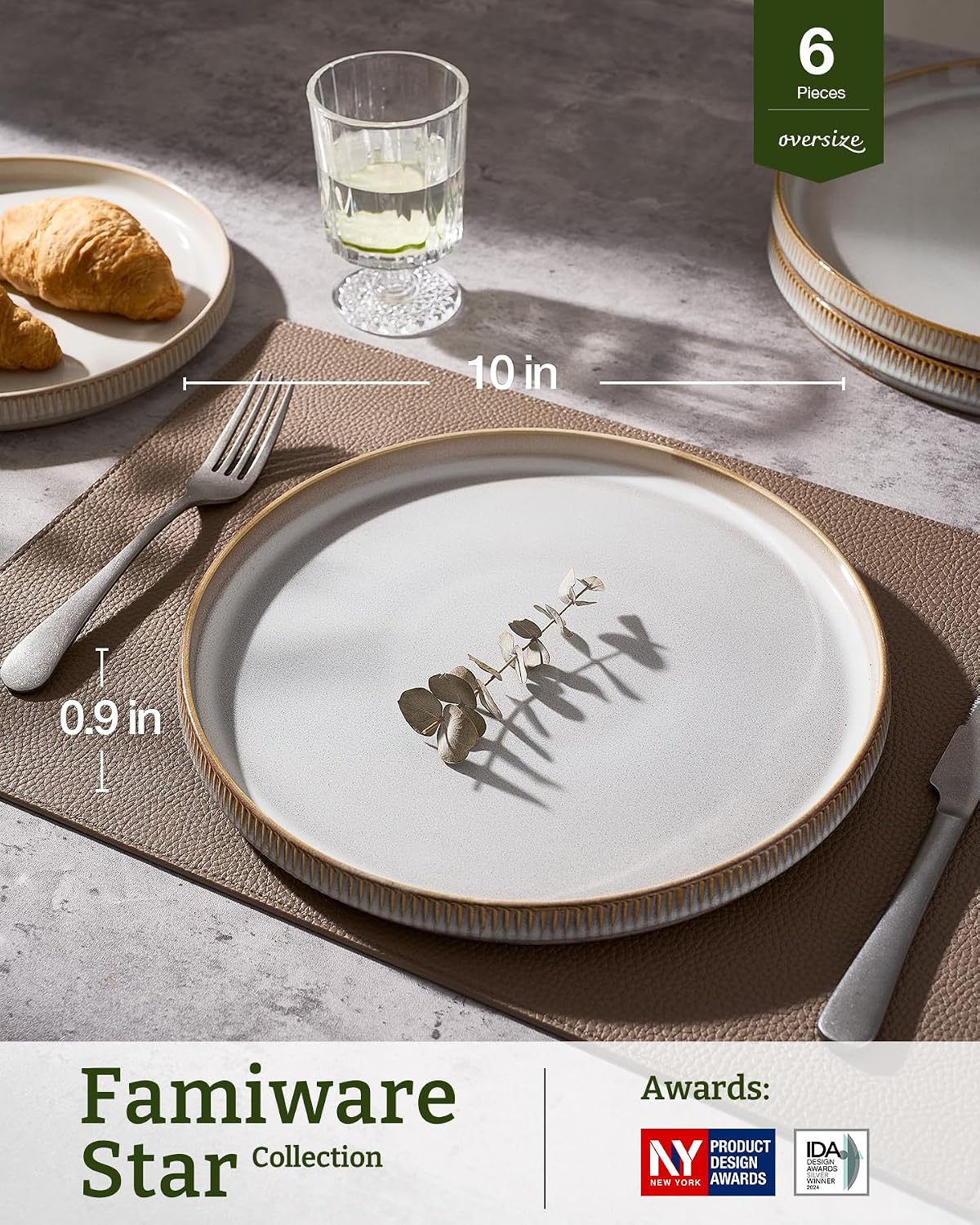 famiware Star Dinner Plates for 6, 10 inches Plate Set, Scratch Resistant, Stoneware Dinnerware, Kitchen Modern Rustic Serving Dishes, Cappuccino White (Pack of 3)