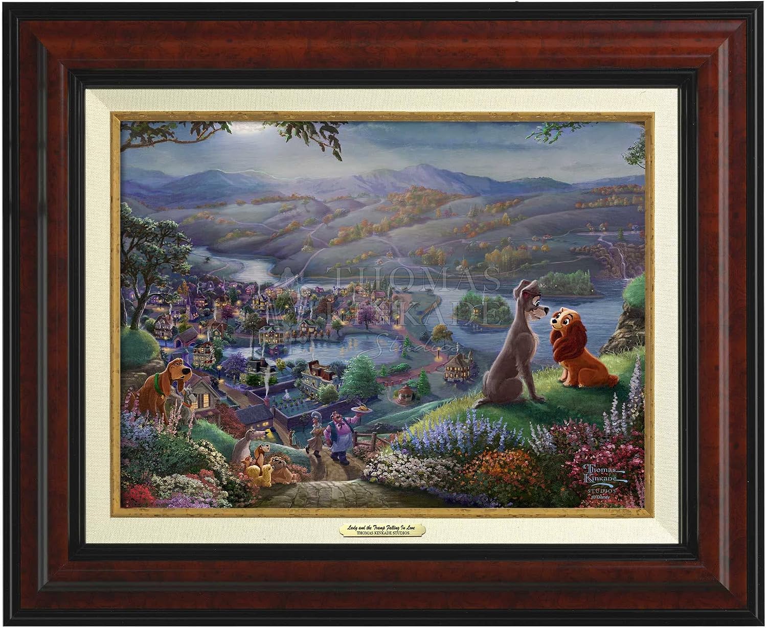 Thomas Kinkade Lady and the Tramp Falling In Love 12 x 16 Canvas Classics Burl Frame