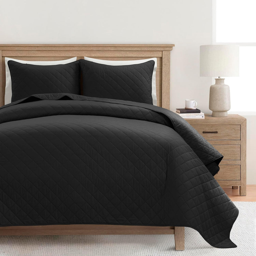 Lush Decor Ava Diamond Cotton Quilt King Size 3 Piece Set Black - Black Bedding Set King Quilt - Modern Minimalist Decor - Fall Quilts