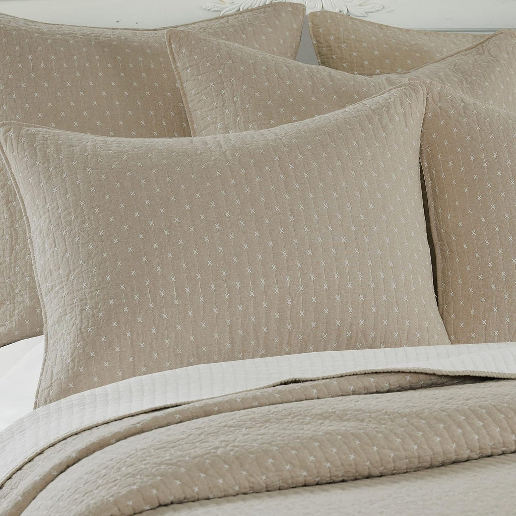 Levtex Home Cross Stitch Reversible Queen Bedspread Set (104x106in) with 2 Pillow Shams (26x20in) - Stitch Texture - Taupe - Cotton Queen Size Bedspread Set - Lightweight, Soft, Pre-Washed