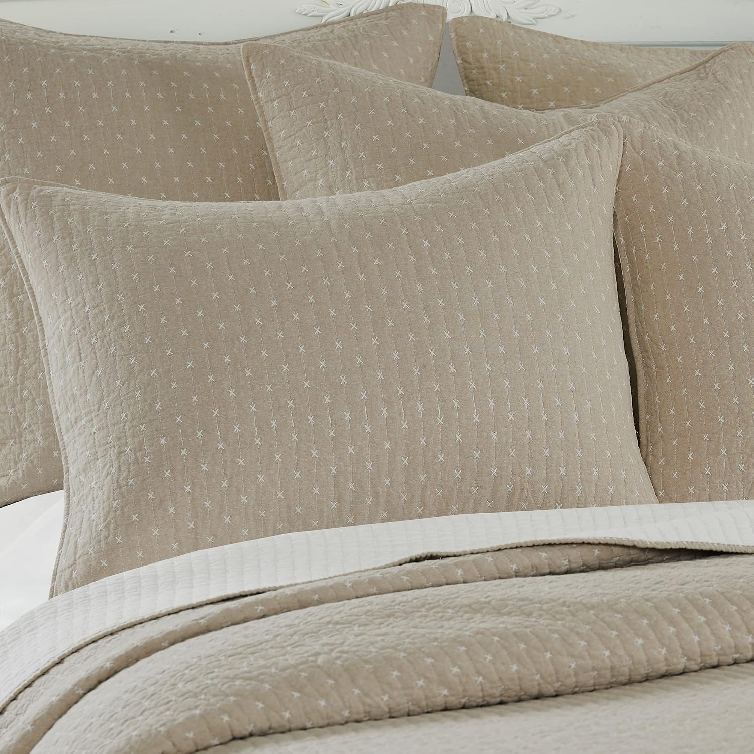 Levtex Home Cross Stitch Reversible King Bedspread Set (120x104in) with 2 Pillow Shams (36x20in) - Stitch Texture - Taupe - Cotton King Size Bedspread Set - Soft, Pre-Washed