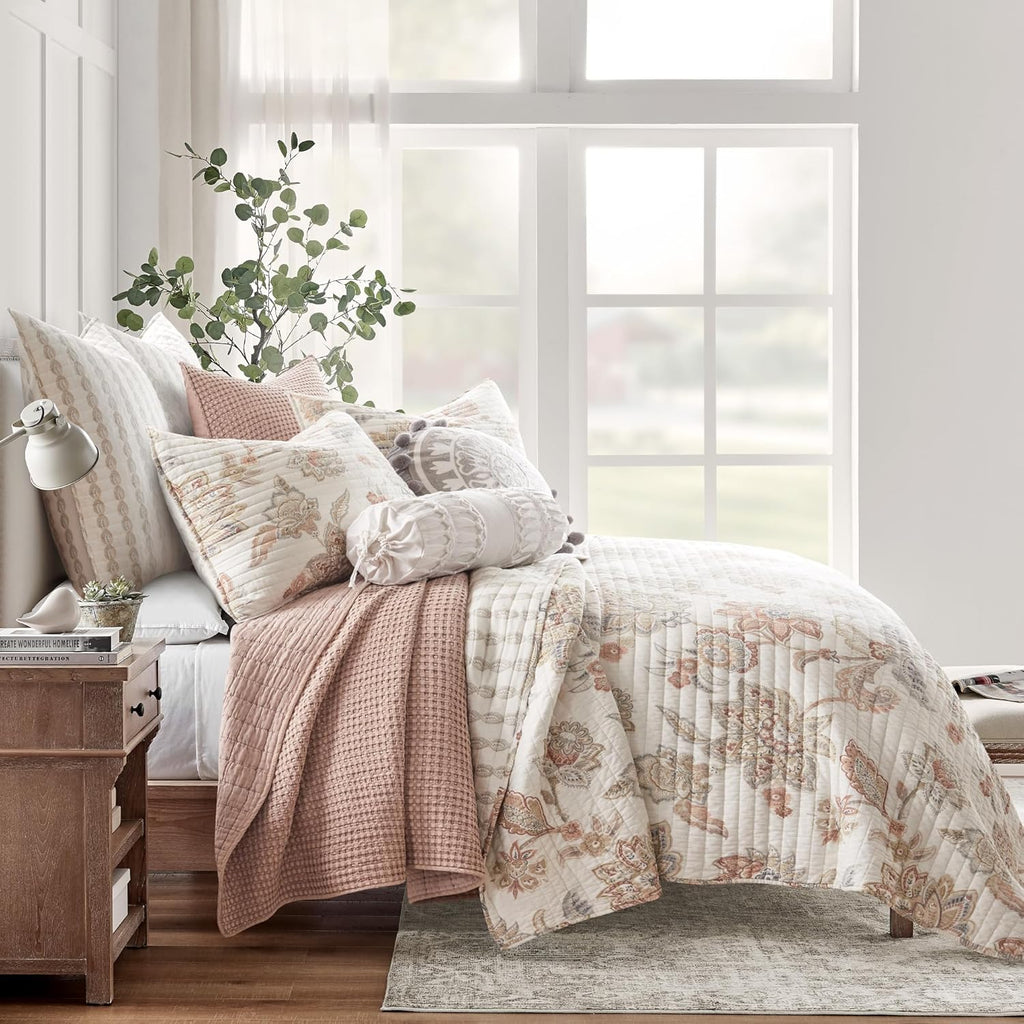 Levtex Home - Selesta Blush Quilt Set - Full/Queen Quilt and Two Standard Shams - Floral - Blush Taupe Grey - Quilt (88x92in.) and Shams (20x26in.) - Reversible - Cotton