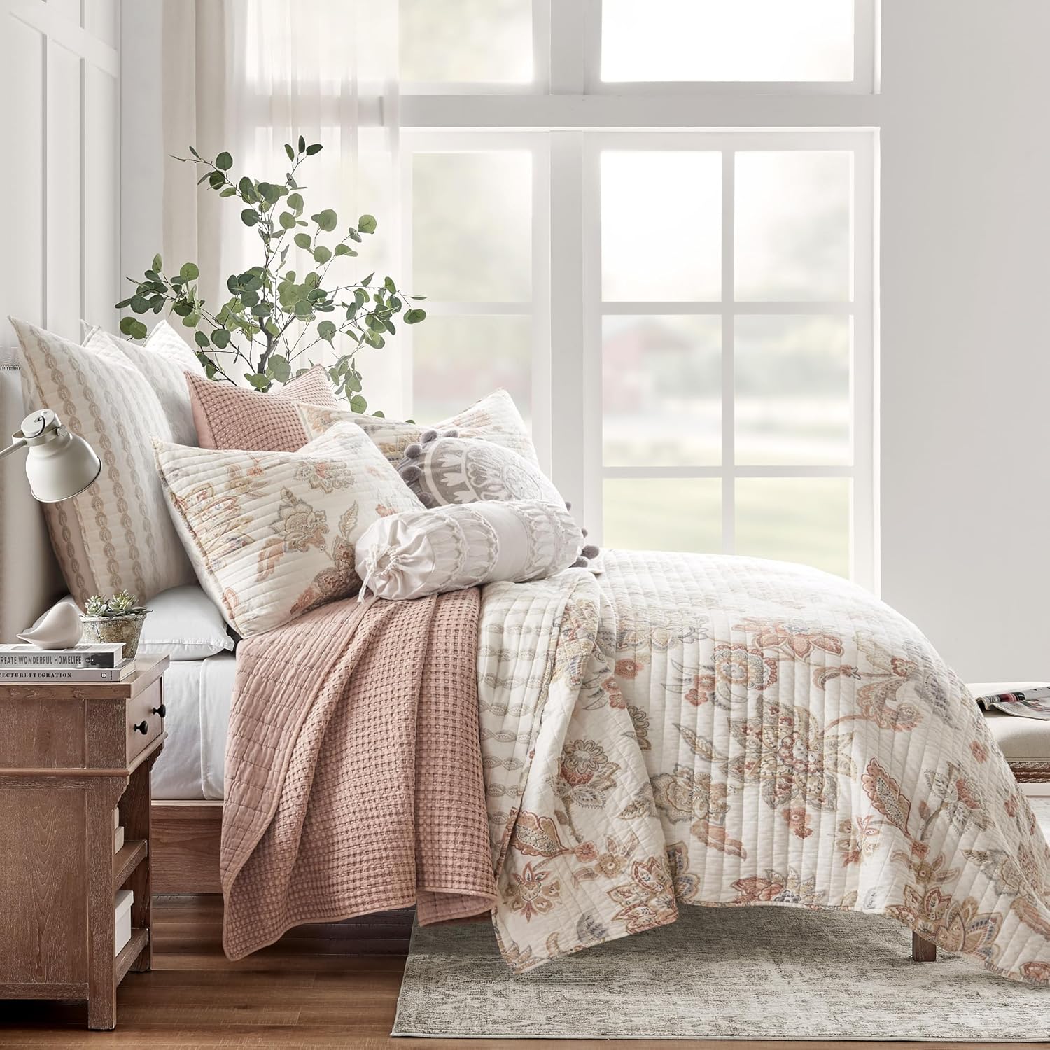 Levtex Home - Selesta Blush Quilt Set - Full/Queen Quilt and Two Standard Shams - Floral - Blush Taupe Grey - Quilt (88x92in.) and Shams (20x26in.) - Reversible - Cotton