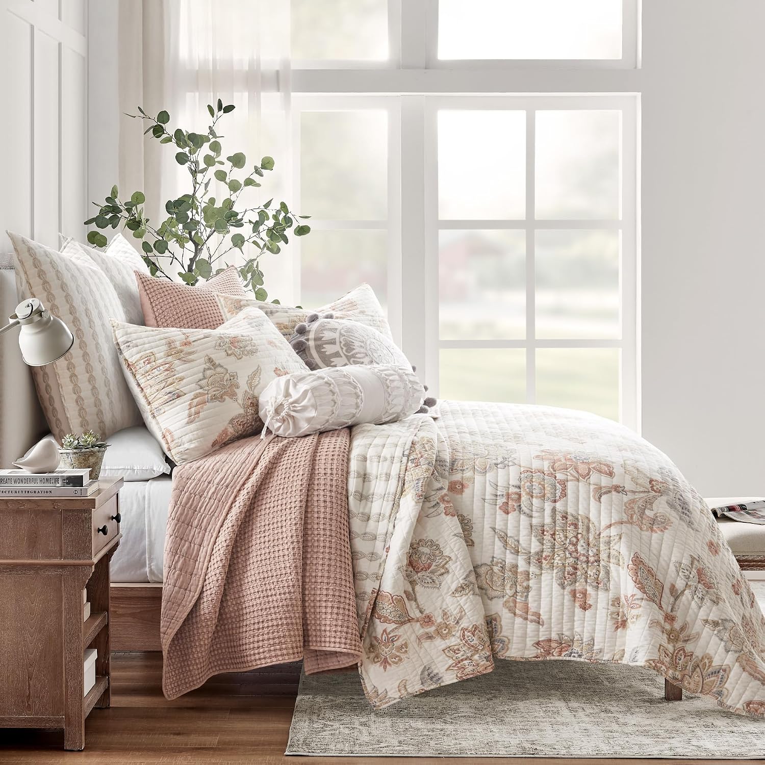 Levtex Home - Selesta Blush Quilt Set - King Quilt and Two King Shams - Floral - Blush Taupe Grey - Quilt (106x92in.) and Shams (20x36in.) - Reversible - Cotton