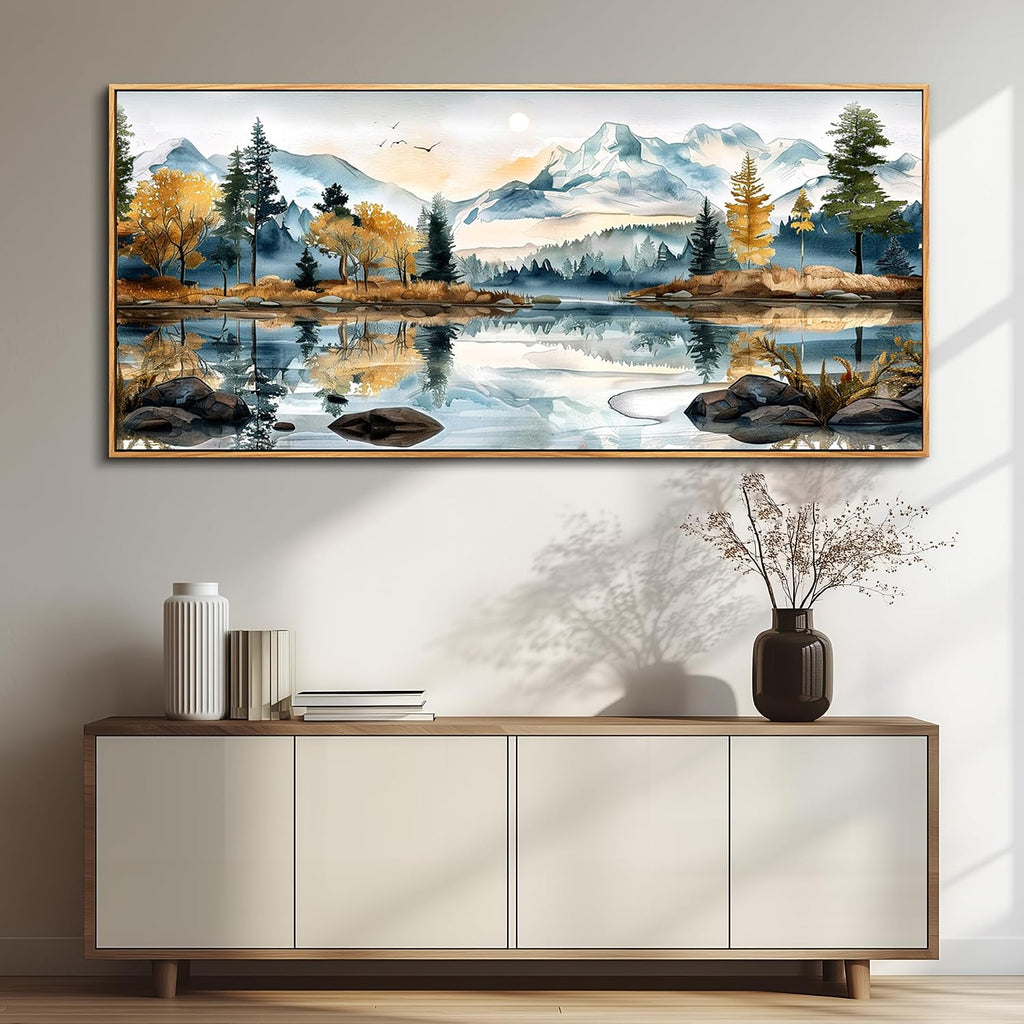 ERQINHUA Large Abstract Wall Art Living Room Wall Decor for Bedroom Office Decoration Watercolour Paint Tree Lakeside Landscapes Picture Canvas Artwork Home Decor Ready to Hang 32x72 In Wood Framed