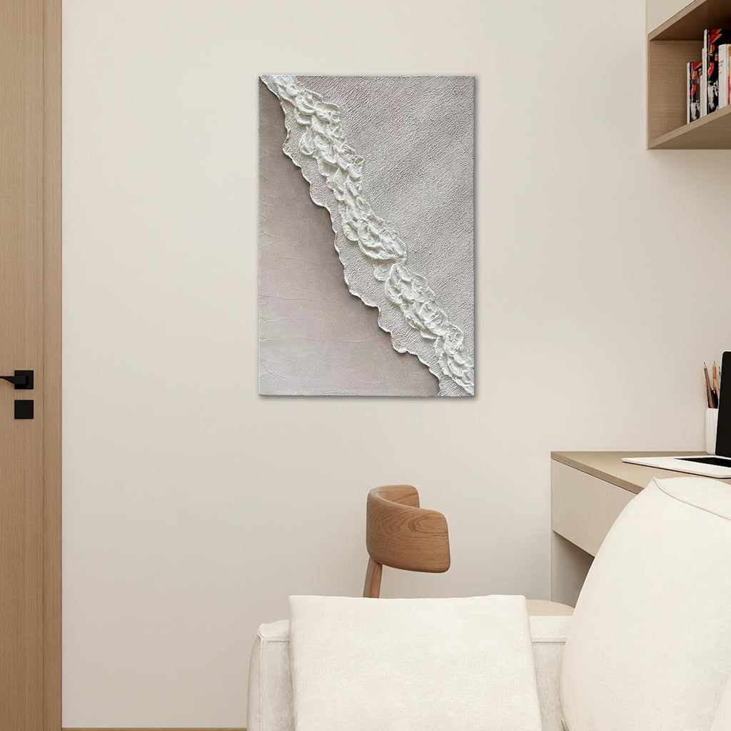 Art Hand-Painted Beach Wave Landscape Art Oil Painting with White Texture Abstract Style for Home Wall Decoration. 40x28 inches