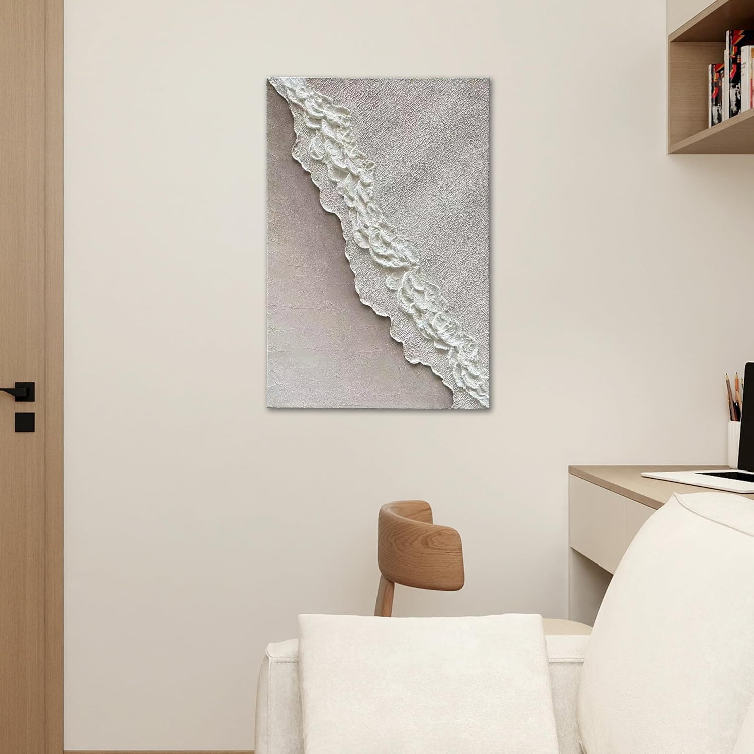 Art Hand-Painted Beach Wave Landscape Art Oil Painting with White Texture Abstract Style for Home Wall Decoration. 40x28 inches
