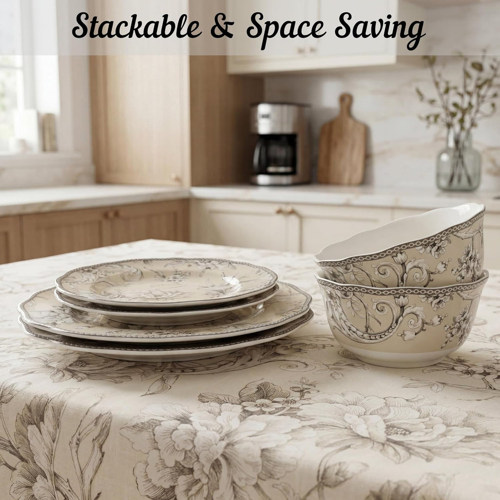 222 Fifth Adelaide 16-Piece Traditional Antique White Porcelain Dinnerware Set – Service for 4, Romantic Bird & Floral Design, Everyday Big Dinner Plates and Bowls Sets, Microwave & Dishwasher Safe