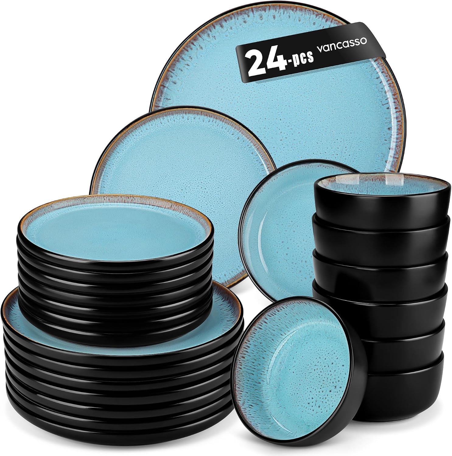vancasso Plates and Bowls Sets, 24 Pieces Stoneware Dinnerware Sets for 8, Kitchen Dish Set Mircowave and Dishwasher Safe Ceramic Dishware, Blue, Series AMBER