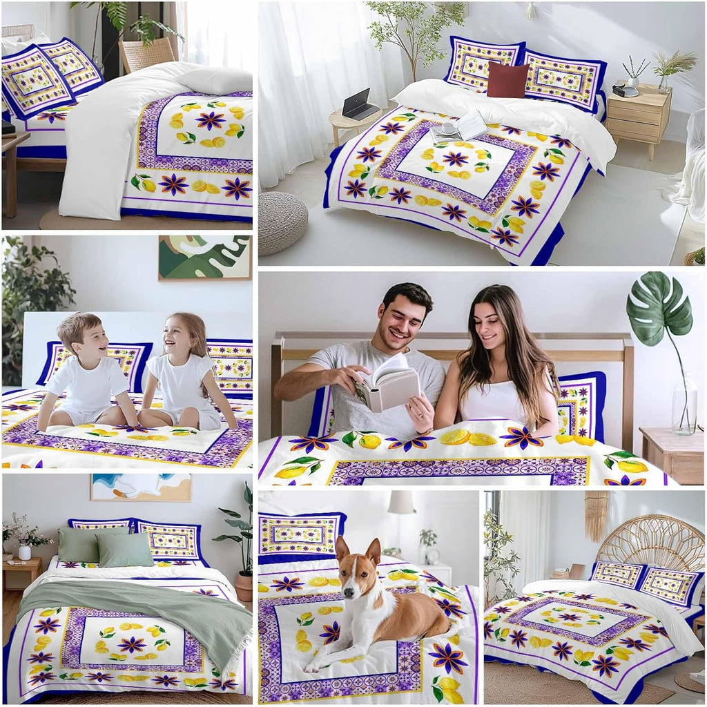 Mediterranean Style Lemon Floral Duvet Cover Set Queen Size 4 Pieces Blue Border Countryside Bedding Set with Zipper Closure, 1 Comforter Cover 92x106 Inches 1 Flat Sheet & 2 Pillow Cases