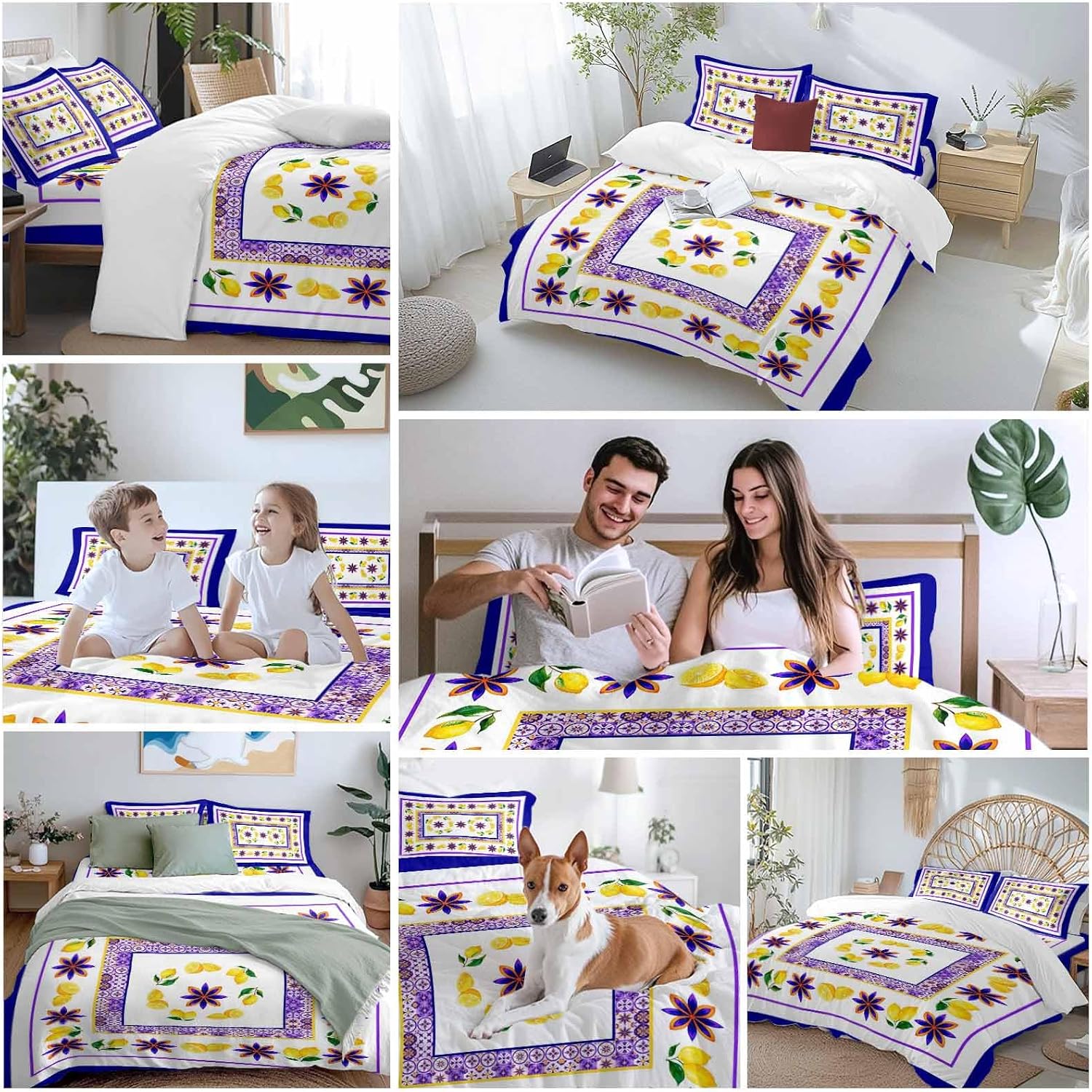 Mediterranean Style Lemon Floral Duvet Cover Set Queen Size 4 Pieces Blue Border Countryside Bedding Set with Zipper Closure, 1 Comforter Cover 92x106 Inches 1 Flat Sheet & 2 Pillow Cases