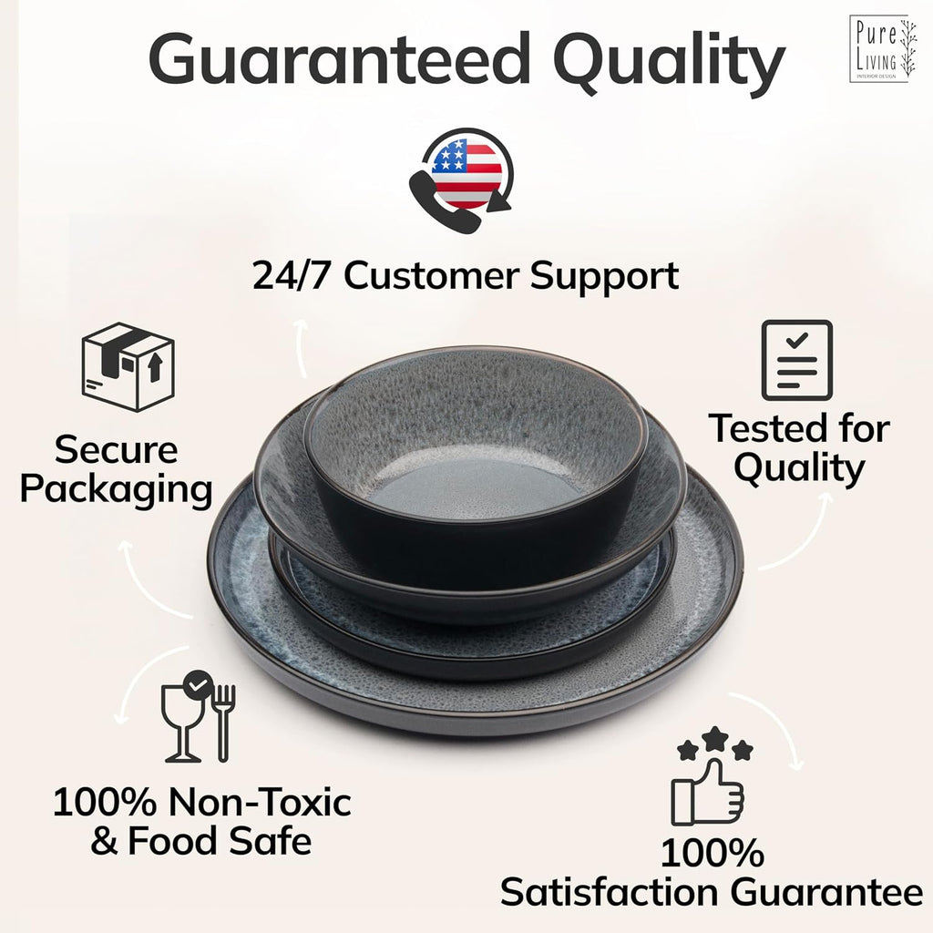Stoneware dinnerware set 8 persons 32 pcs - Dishwasher, microwave and scratch resistant - Bowl and plate set 8 persons modern - Dinner service Pure Living black in gray…