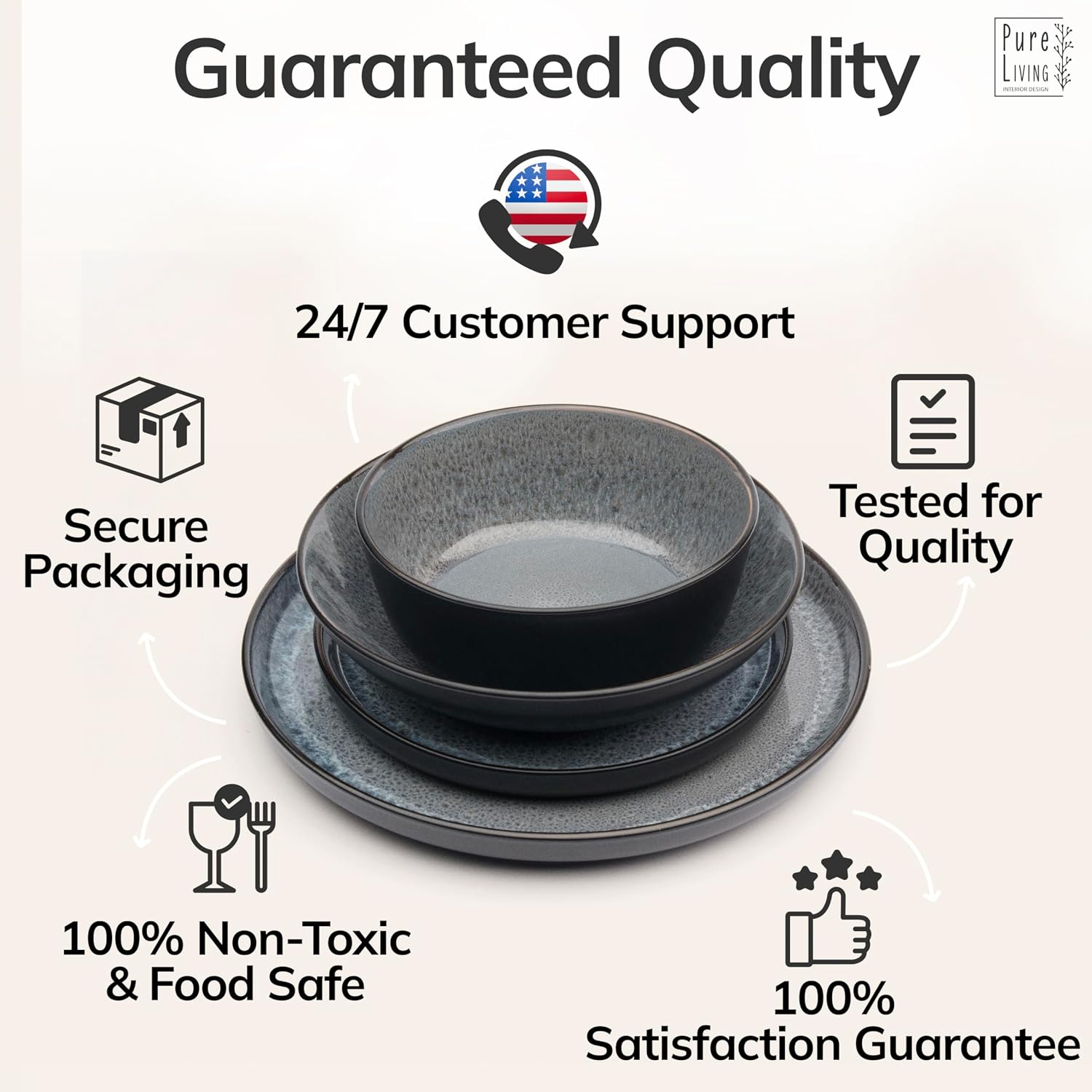 Stoneware dinnerware set 8 persons 32 pcs - Dishwasher, microwave and scratch resistant - Bowl and plate set 8 persons modern - Dinner service Pure Living black in gray…