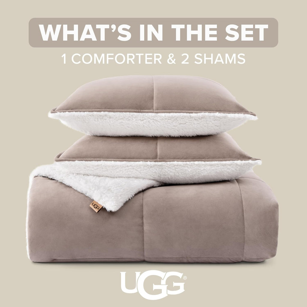 UGG Blissful Queen Comforter Set with 2 Pillow Shams, Reversible Fluffy Bed Comforter, Ultra Warm Winter Bed Set, Down Alternative Bedding, Full/Queen Size, Light Brown Fawn