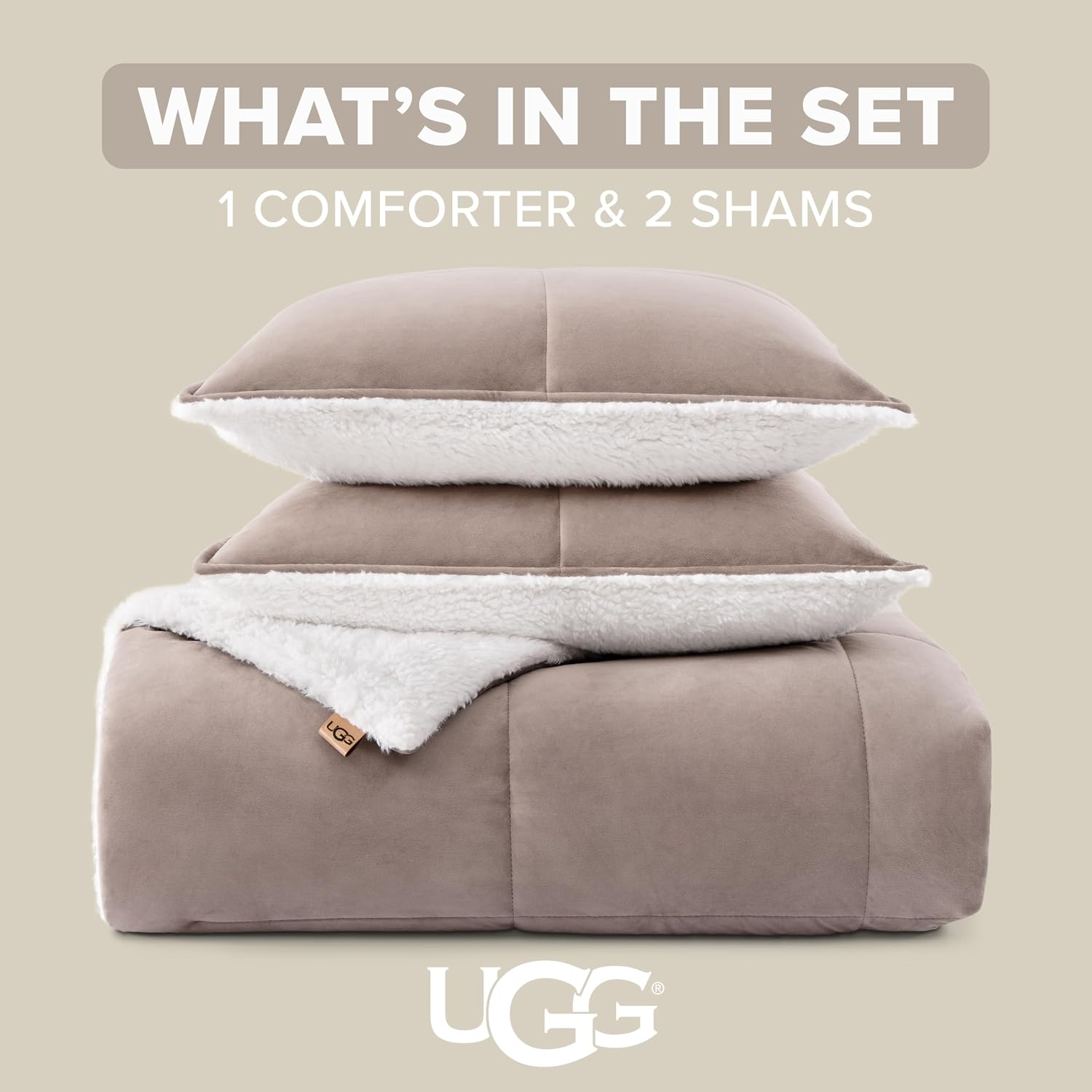UGG Blissful Queen Comforter Set with 2 Pillow Shams, Reversible Fluffy Bed Comforter, Ultra Warm Winter Bed Set, Down Alternative Bedding, Full/Queen Size, Light Brown Fawn