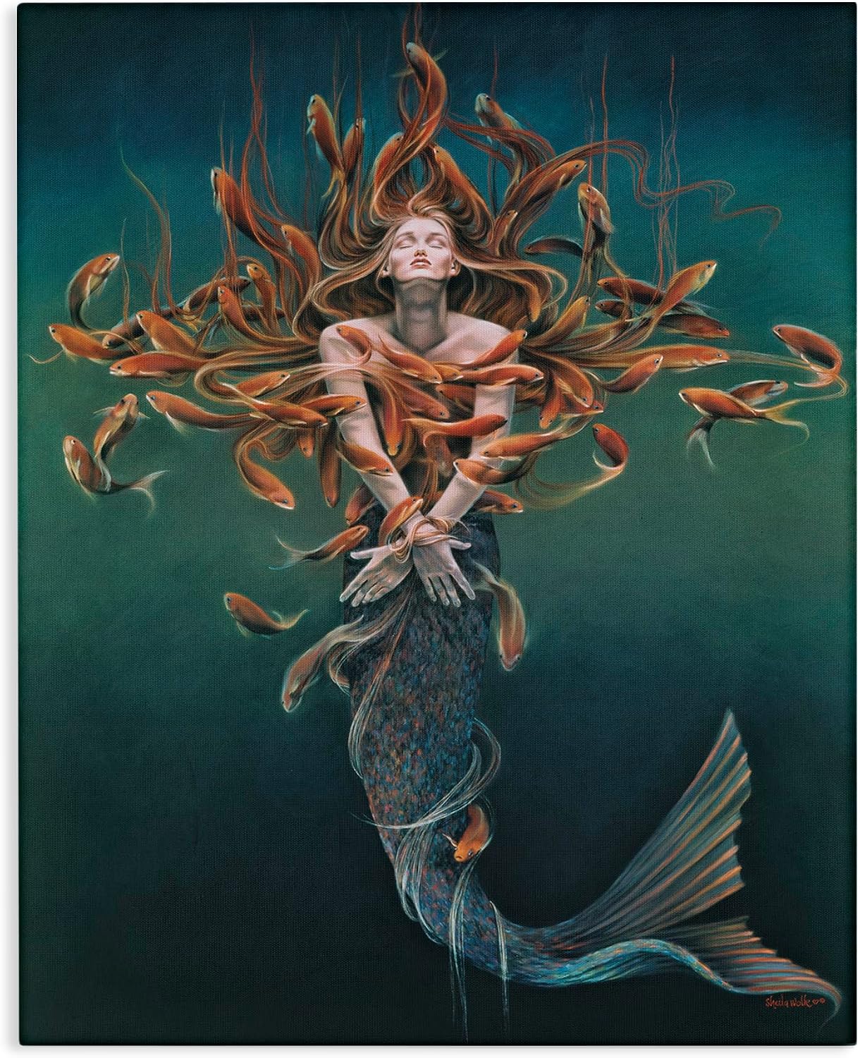 Stupell Industries 'Mermaid Fish Swirling Painting', Canvas Art, 36 x 48 Inches, Easy to Hang and Sturdy, Made in USA, by Sheila Wolk