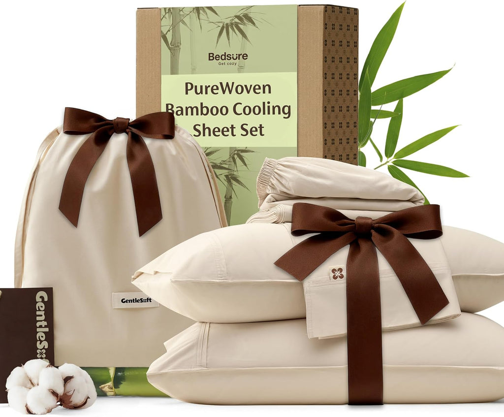 Bedsure Bamboo Viscose Cooling Sheets, Rayon Cotton Serene Blend, PureWoven, Breathable & Buttery Soft King Size Sheets Set, Deep Pocket Up to 18', Hotel Luxury Bedding for Hot Sleepers, Beige