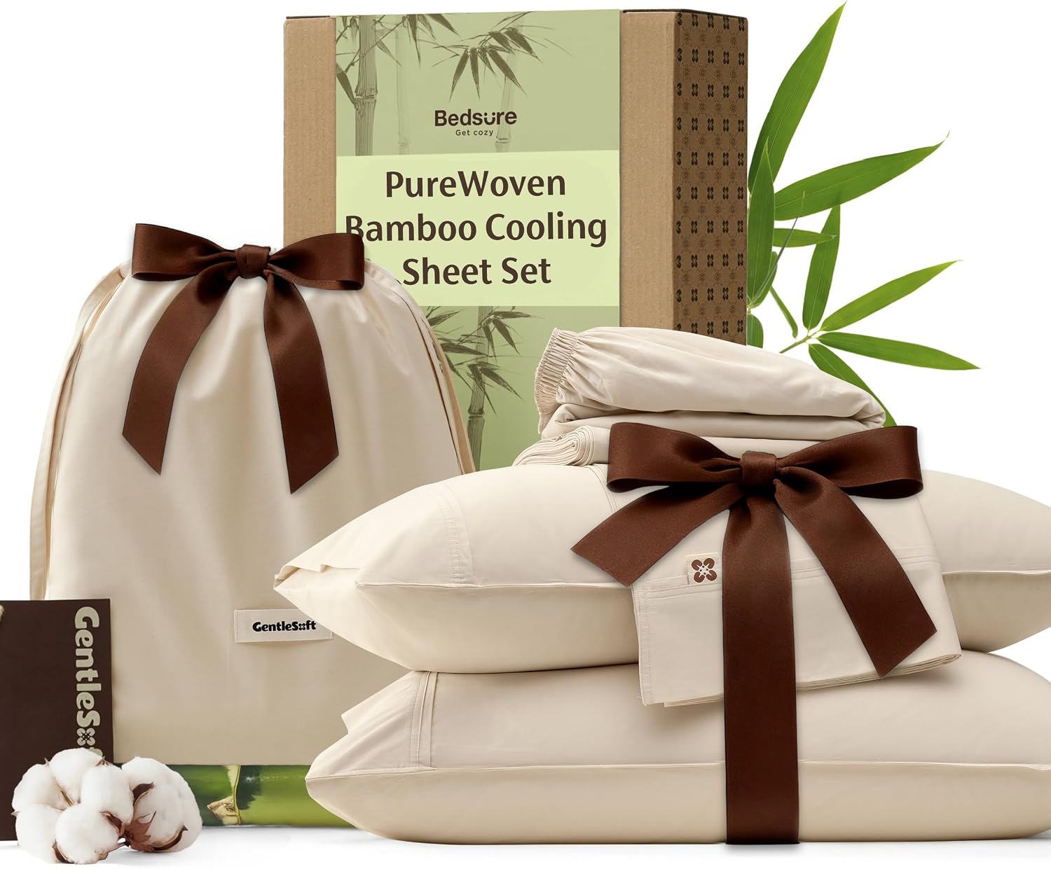 Bedsure Bamboo Viscose Cooling Sheets, Rayon Cotton Serene Blend, PureWoven, Breathable & Buttery Soft King Size Sheets Set, Deep Pocket Up to 18', Hotel Luxury Bedding for Hot Sleepers, Beige