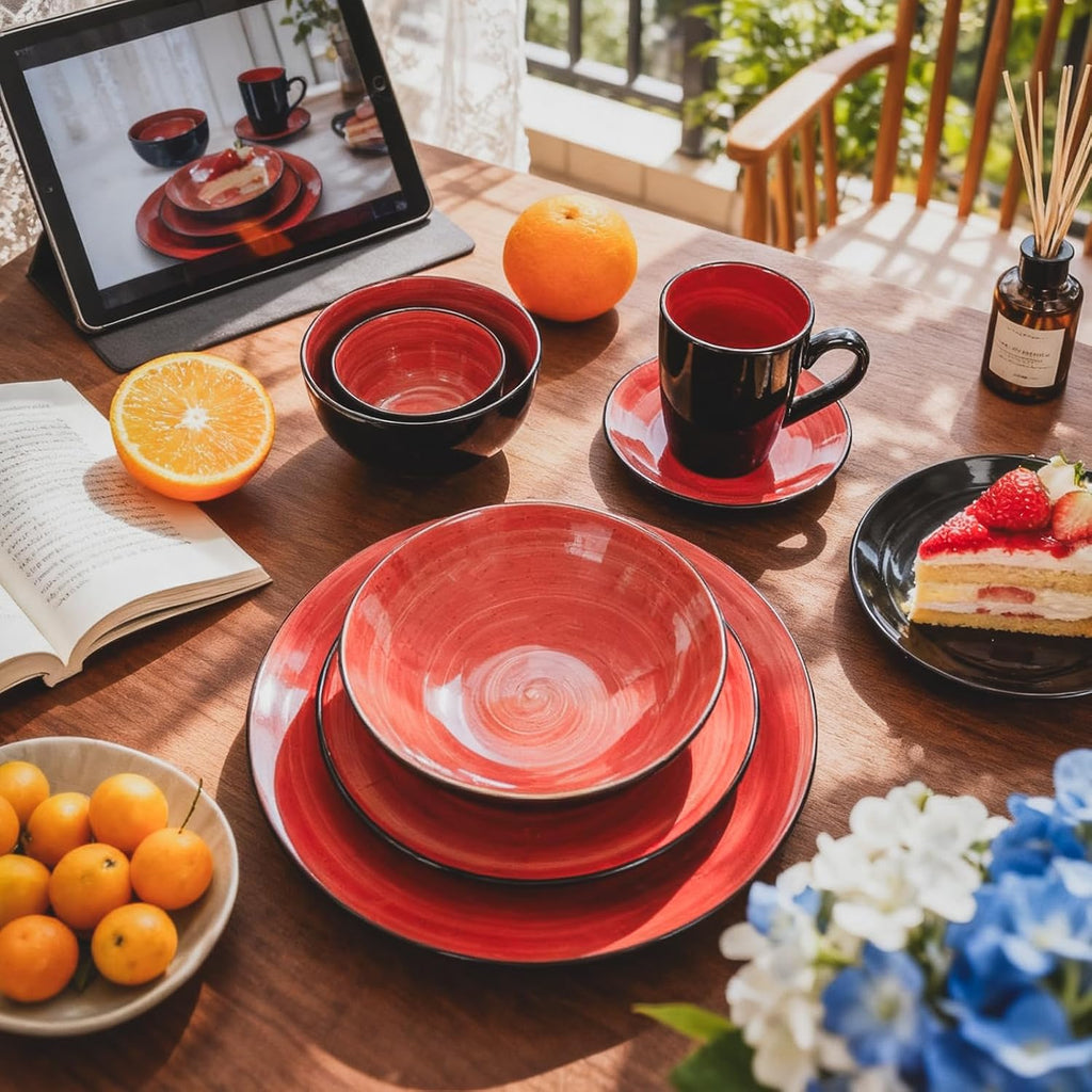 Stoneware Sonoma 56pc Dinnerware Set, Black + Speckled Spin Wash Red