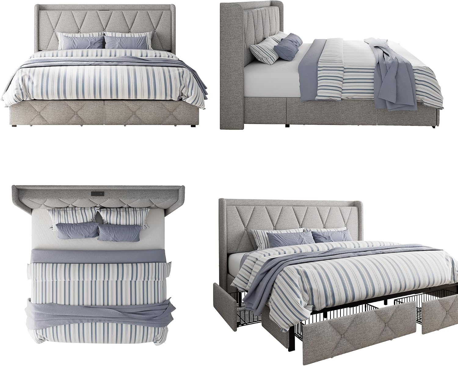 GalnFu King Size Bed Frame with 4 Storage Drawers, Upholstered Platform Bed with Charging Station, Modern Wingback Storage Headboard, Easy Assembly,Noise-Free, Light Gray