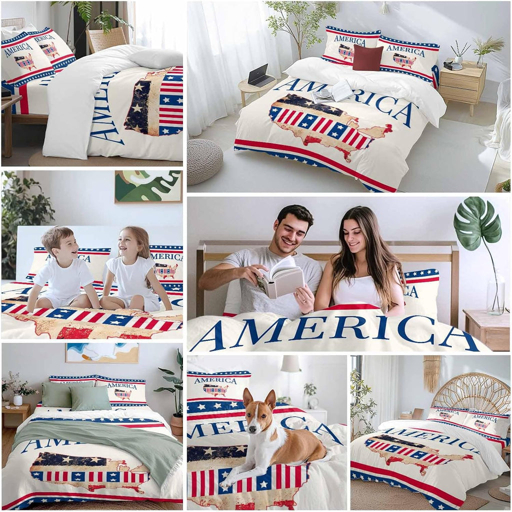 Independence Day Duvet Cover Set Queen Size 4 Pieces American Flag Retro Map Beige Background Red Stripes Bedding Set with Zipper Closure, 1 Comforter Cover 86x86 Inches 1 Flat Sheet & 2 Pillow Cases