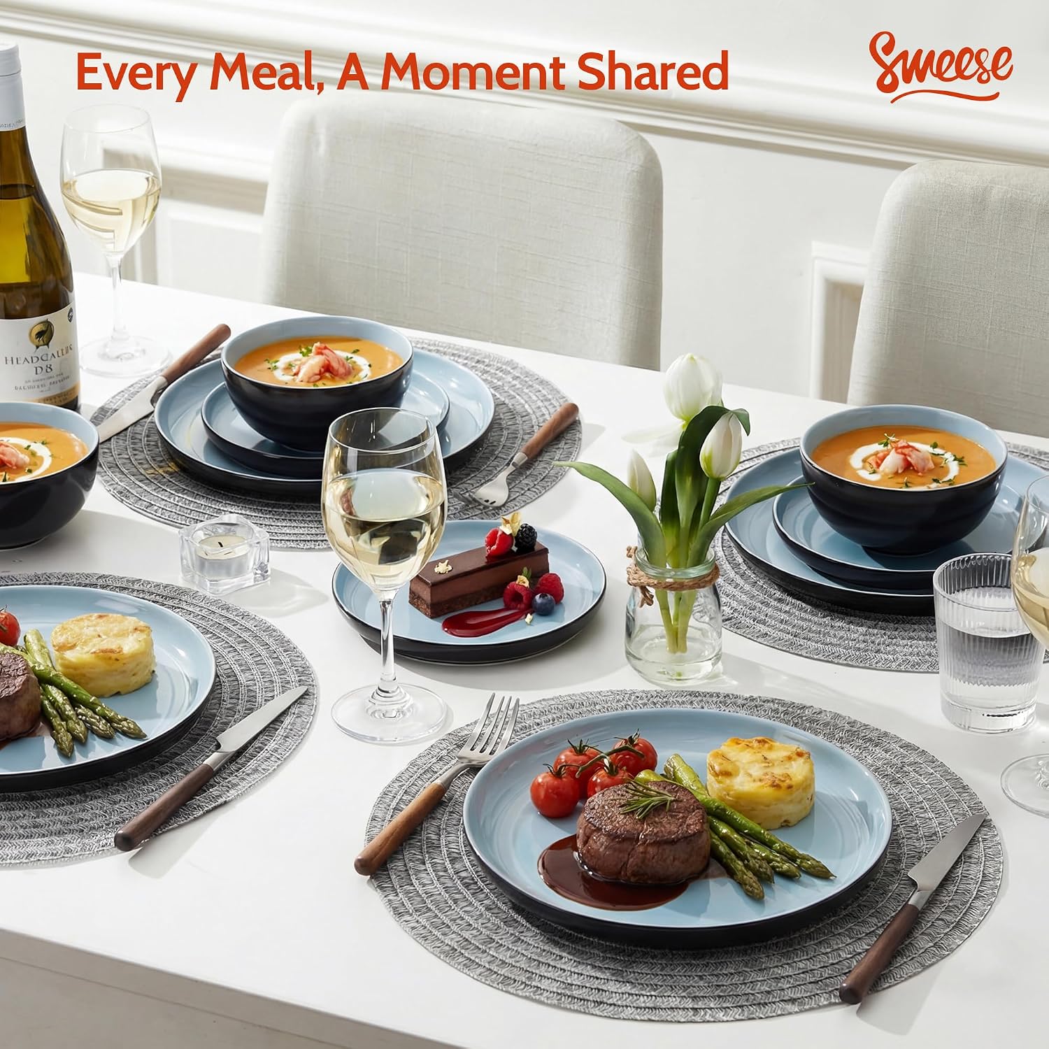 Sweese Porcelain Dinnerware Set of 6, Lightweight Round Plates and Bowls Set - Dishwasher, Microwave, Oven Safe, Scratch Resistant Dinner Sets, Kitchen Dishes Set, Black & Blue