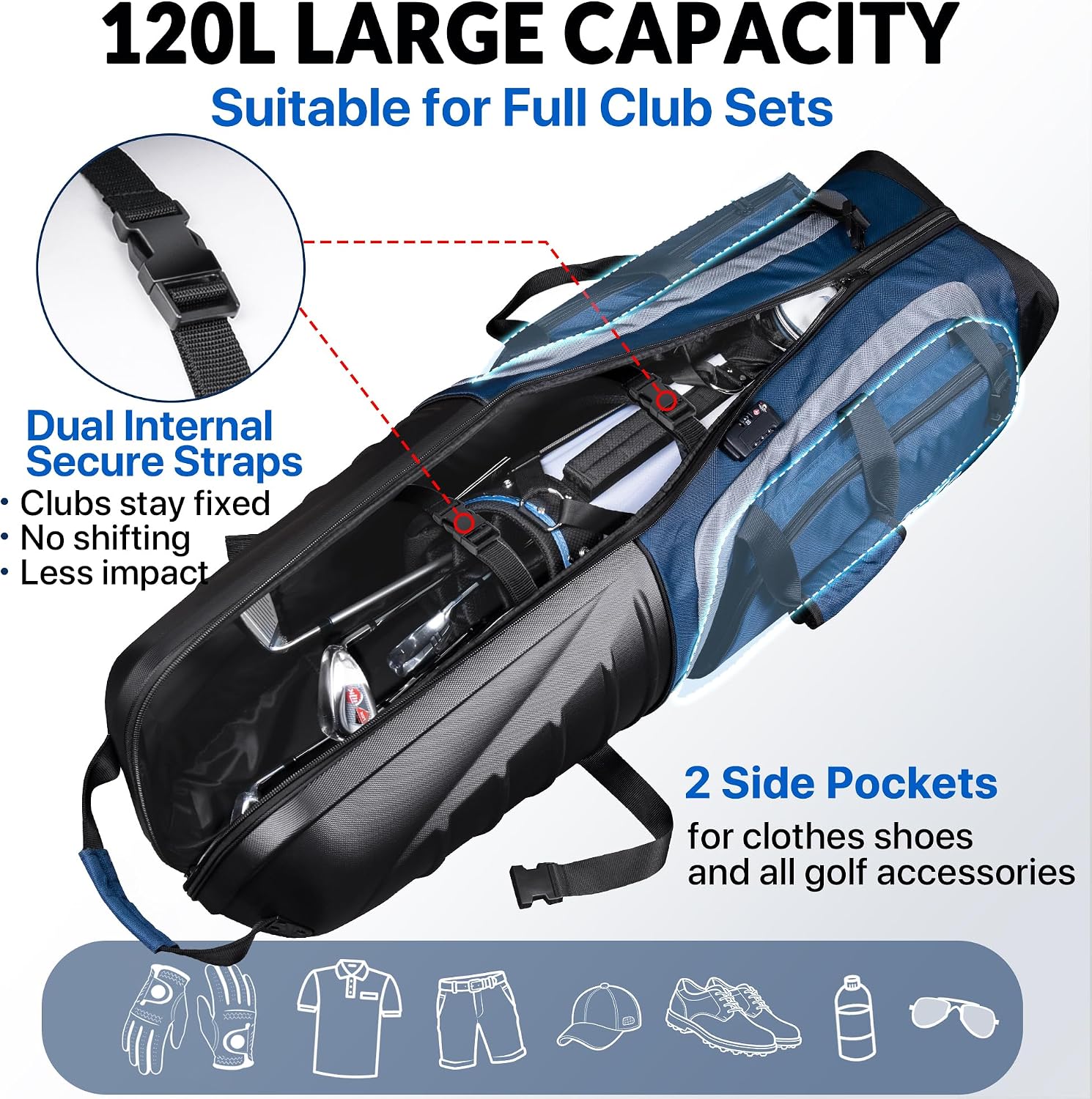 Golf Travel Bag for Airlines, Hard Shell Top Golf Travel Case with Wheels, Heavy Duty 1680D Oxford Fabric, Reinforced Base, Oversized Tank Wheels, Built-in TSA Lock, Water-Resistant Zippers