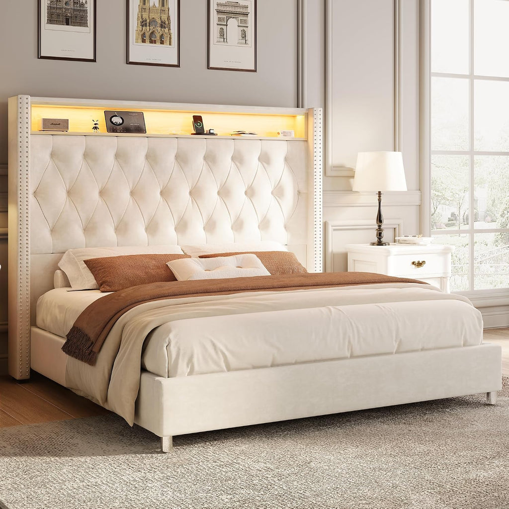 Jocisland 53.2'' Queen Size Bed Frame with Tall Storage Headboard, LED Lights & Charging Station, Velvet High Upholstered Button Tufted Wingback Platform Bed, No Box Spring Needed, Cream